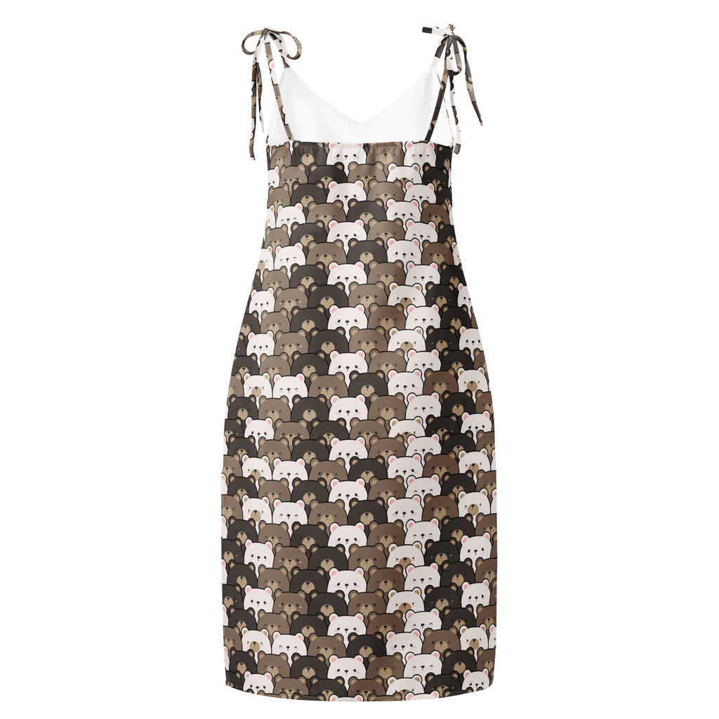 Women’s bear face slip dress midi knee-length with cartoon bear pattern in brown and white on dark background