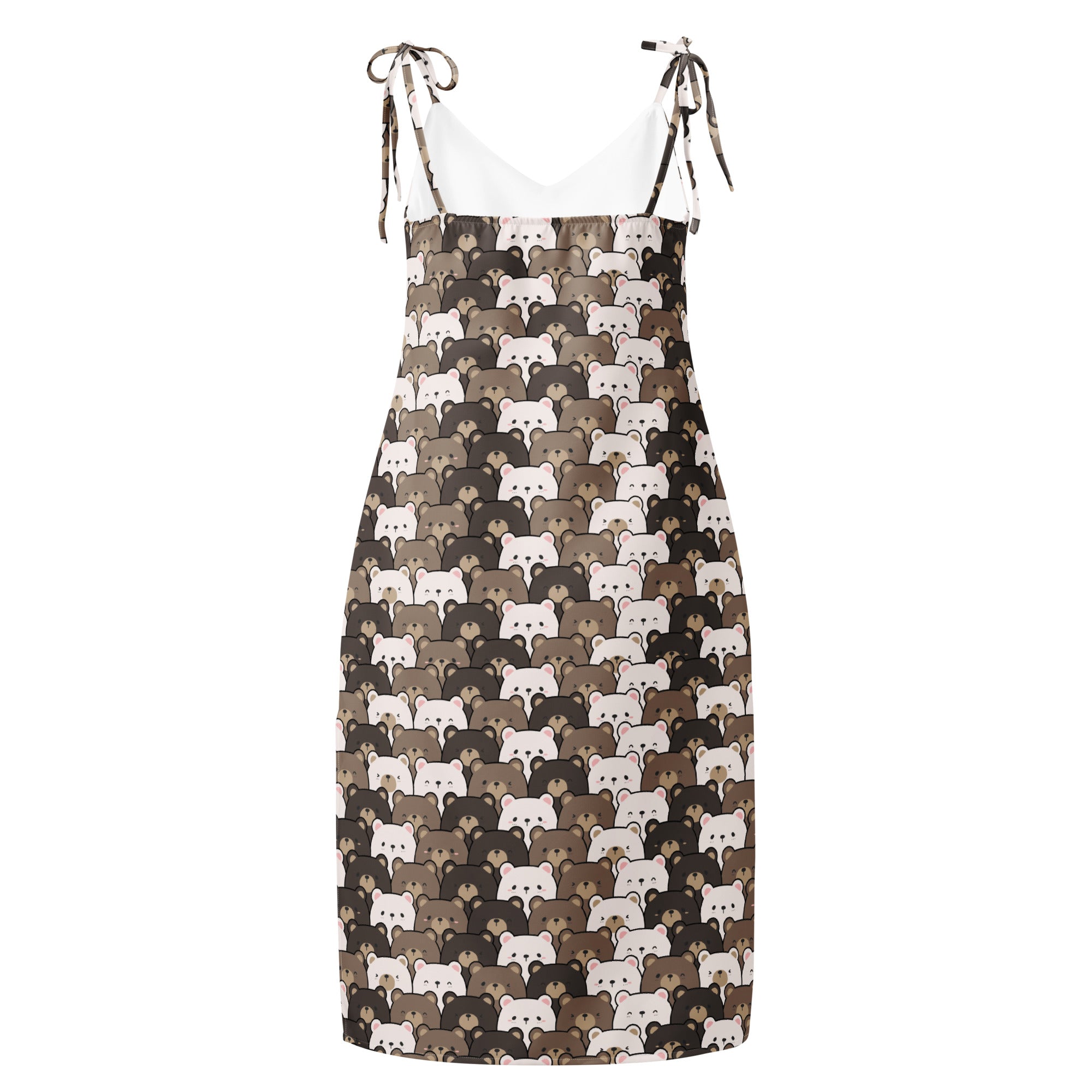 Women’s bear face slip dress midi knee-length with cartoon bear pattern in brown and white on dark background