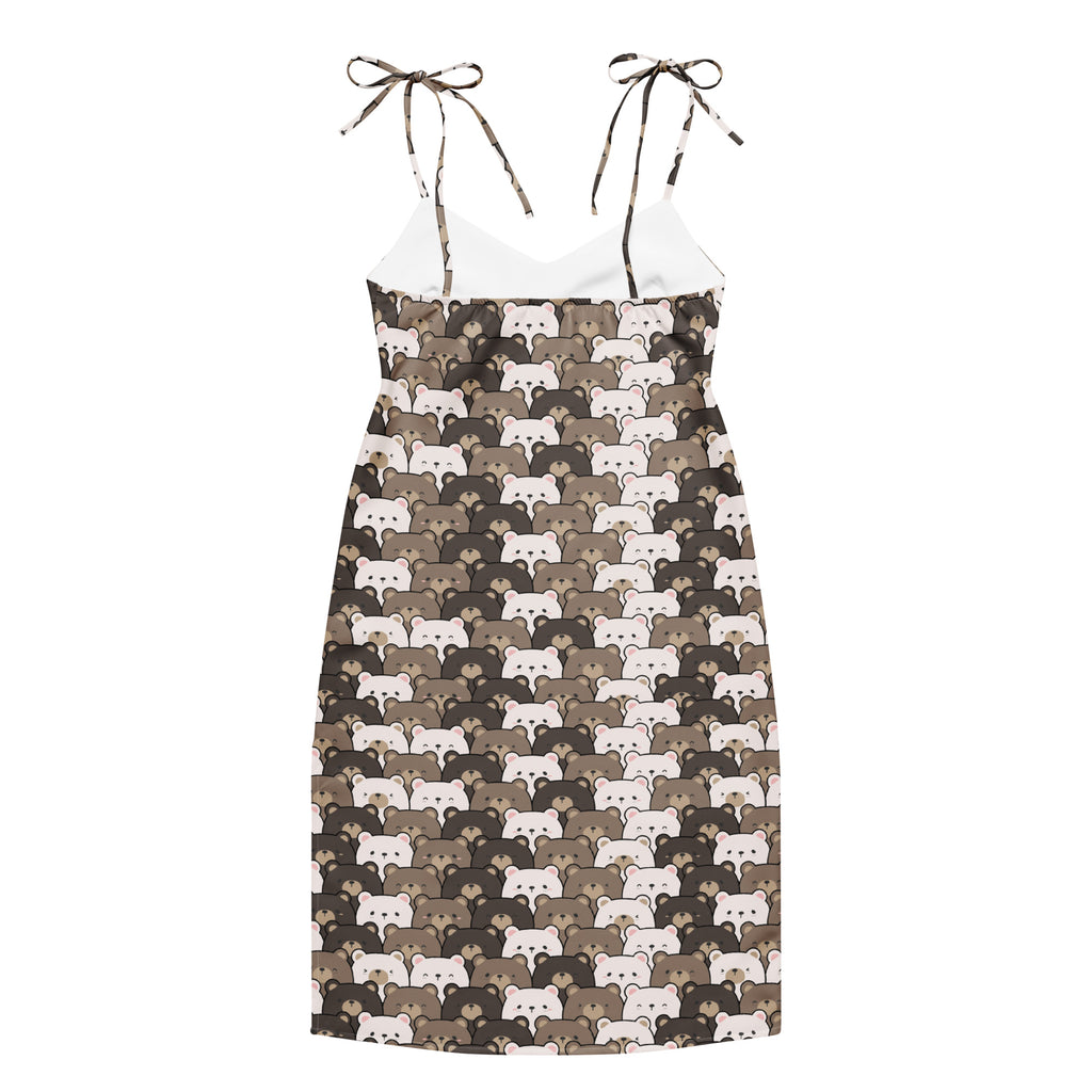 Women’s bear face slip dress midi with adjustable tie straps and built-in bra featuring brown and white cartoon bears