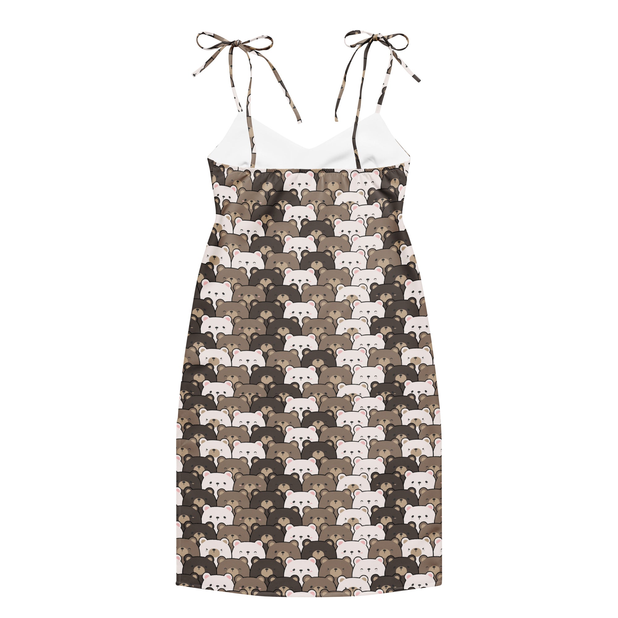 Women’s bear face slip dress midi with adjustable tie straps and built-in bra featuring brown and white cartoon bears
