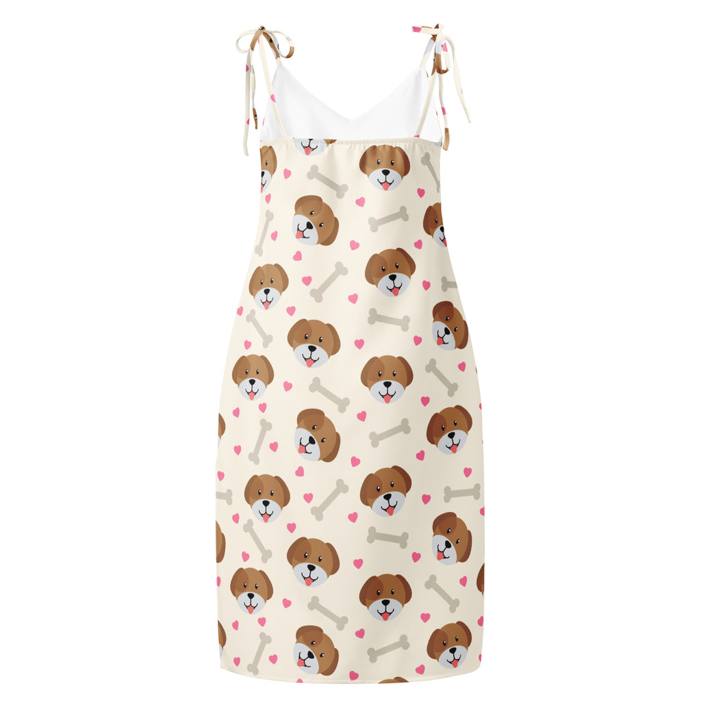Women’s cream-colored midi slip dress with adjustable tie straps and cute brown dog, pink heart, and gray bone print
