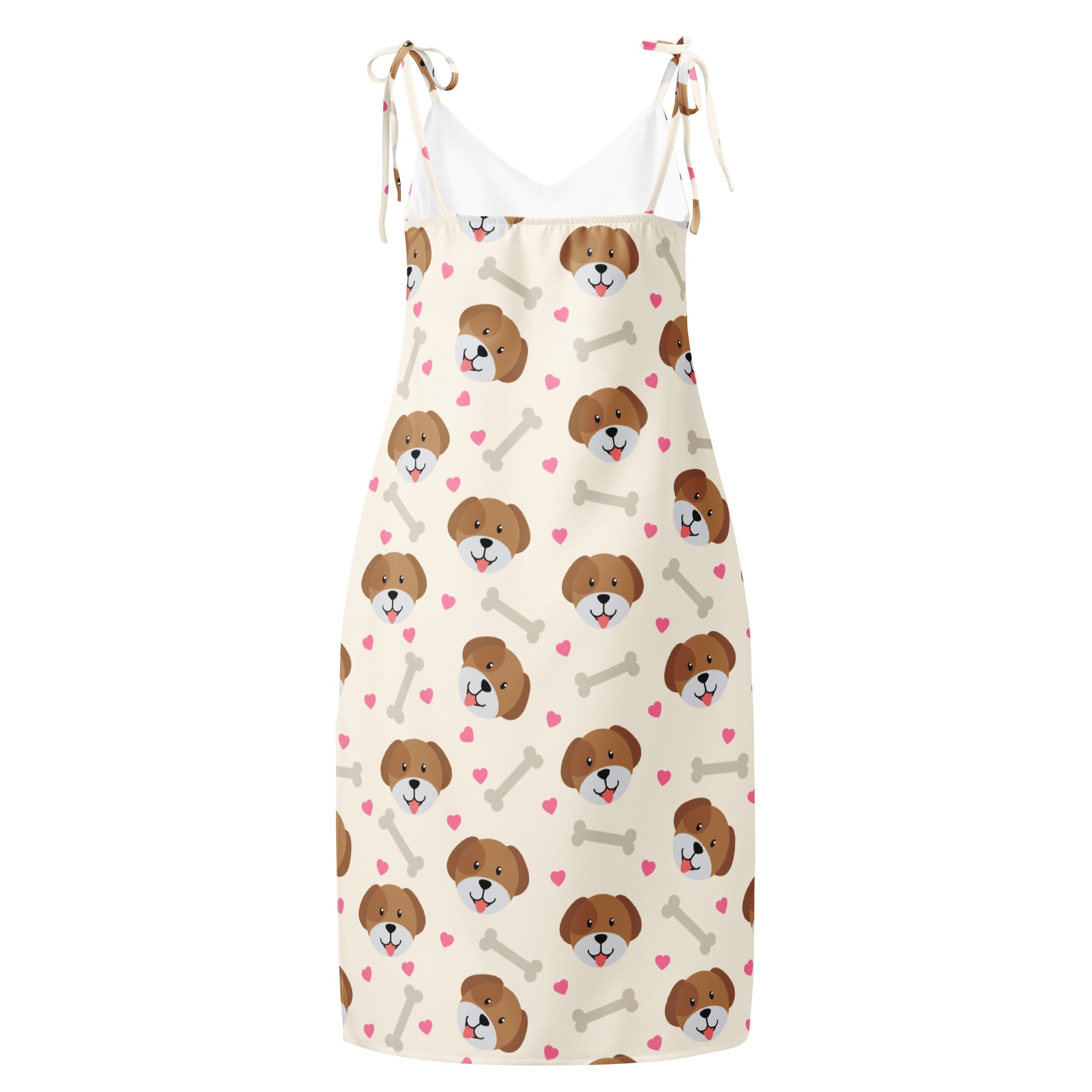 Women’s cream-colored midi slip dress with adjustable tie straps and cute brown dog, pink heart, and gray bone print