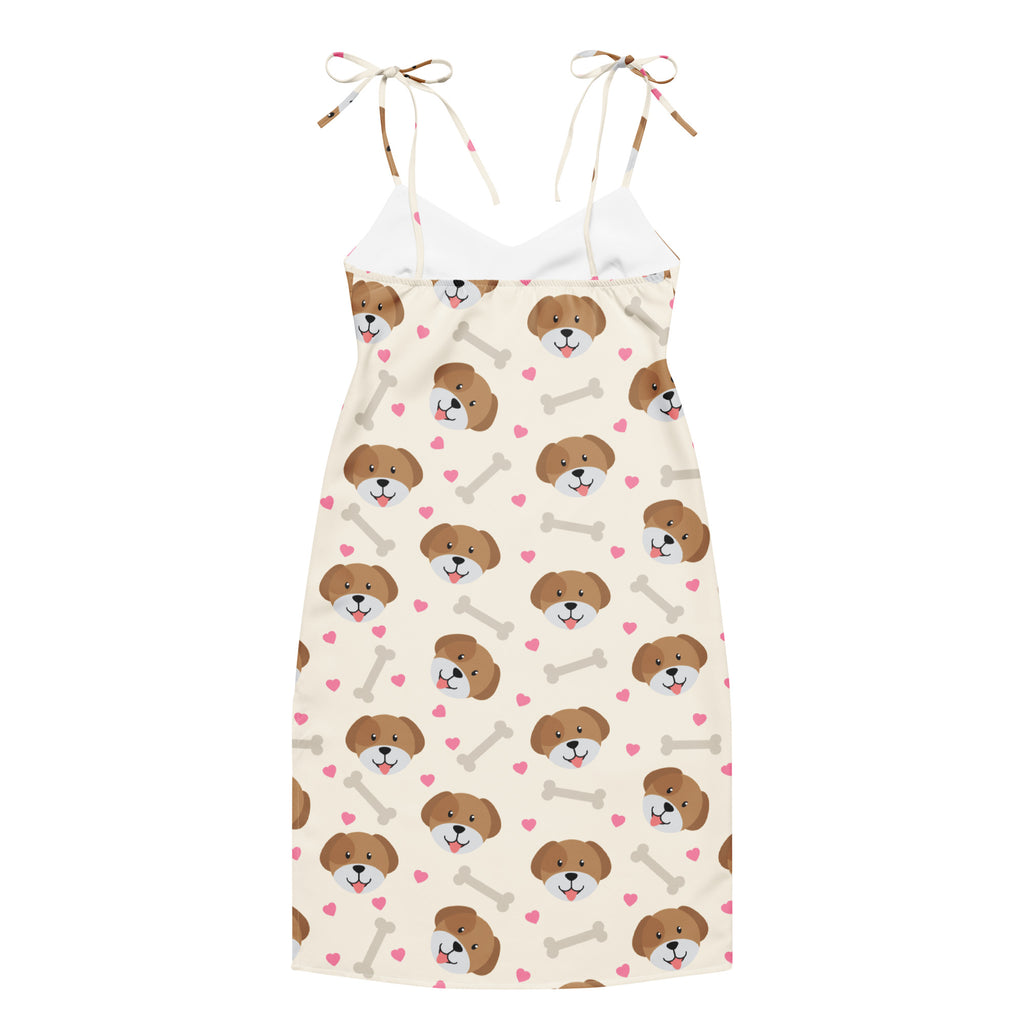 A charming off-white women’s cute dog print slip midi dress with adjustable tie spaghetti straps and built-in bra