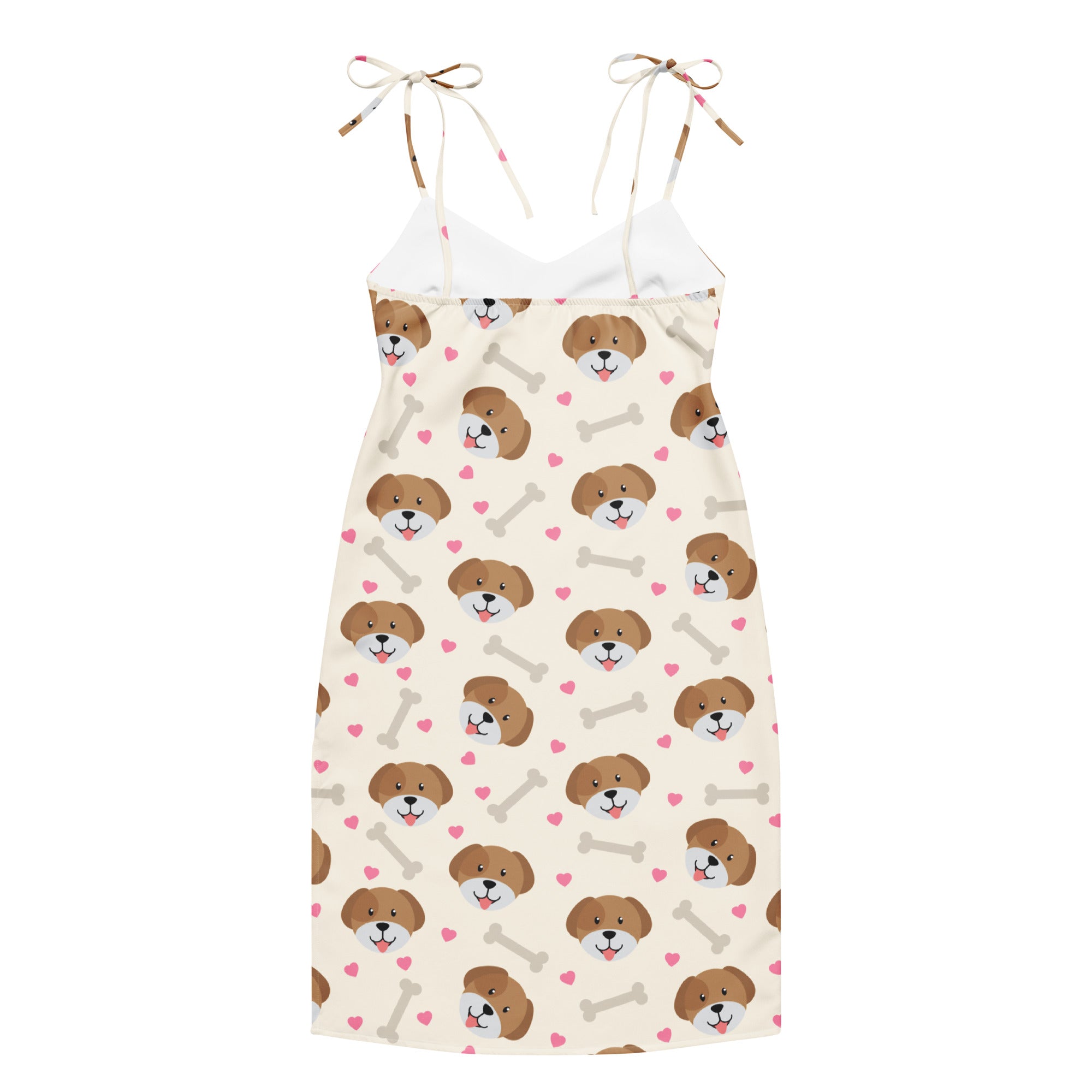A charming off-white women’s cute dog print slip midi dress with adjustable tie spaghetti straps and built-in bra