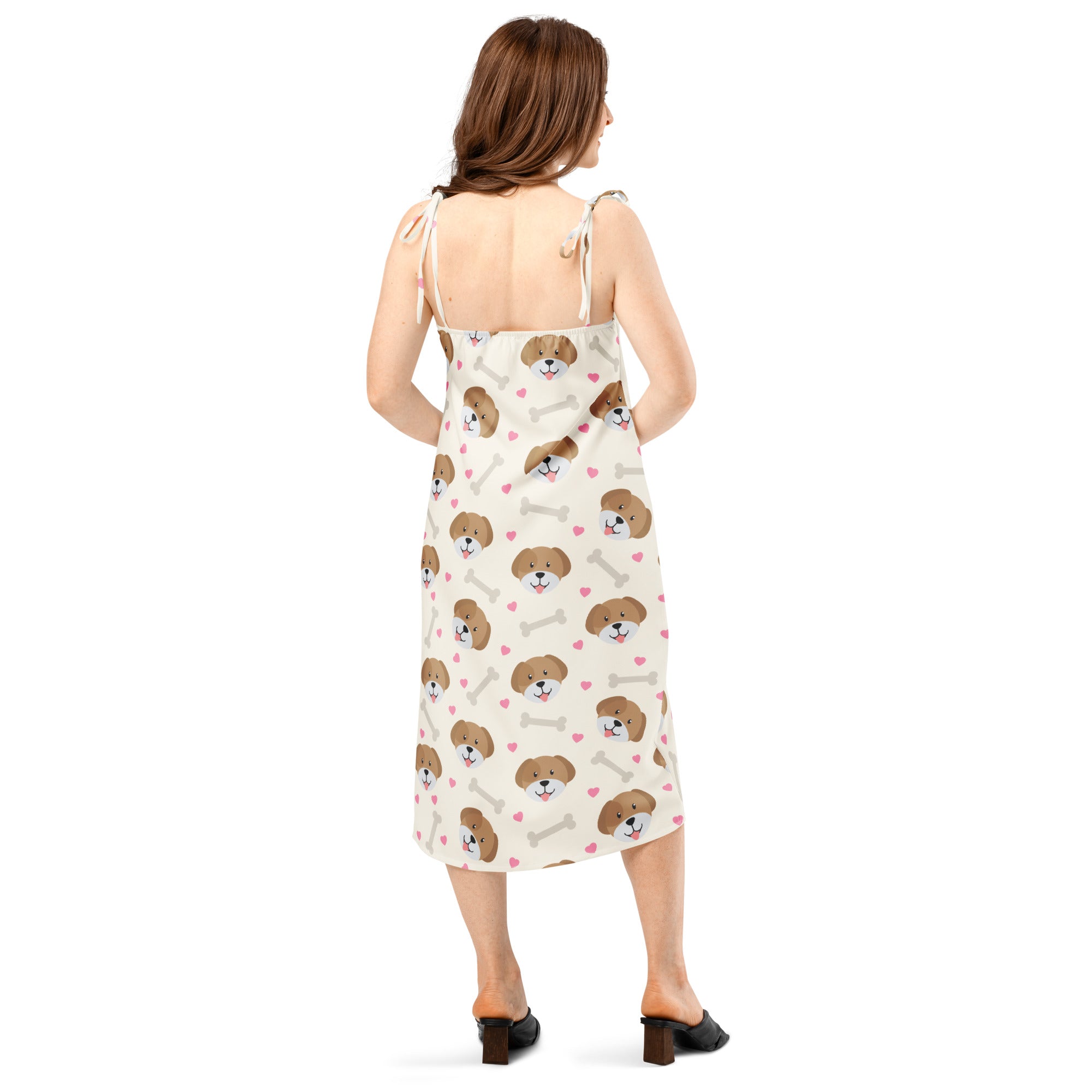 Women’s off-white midi slip dress with adjustable tie straps, built-in bra, and cute brown dog face, pink heart, and bone print