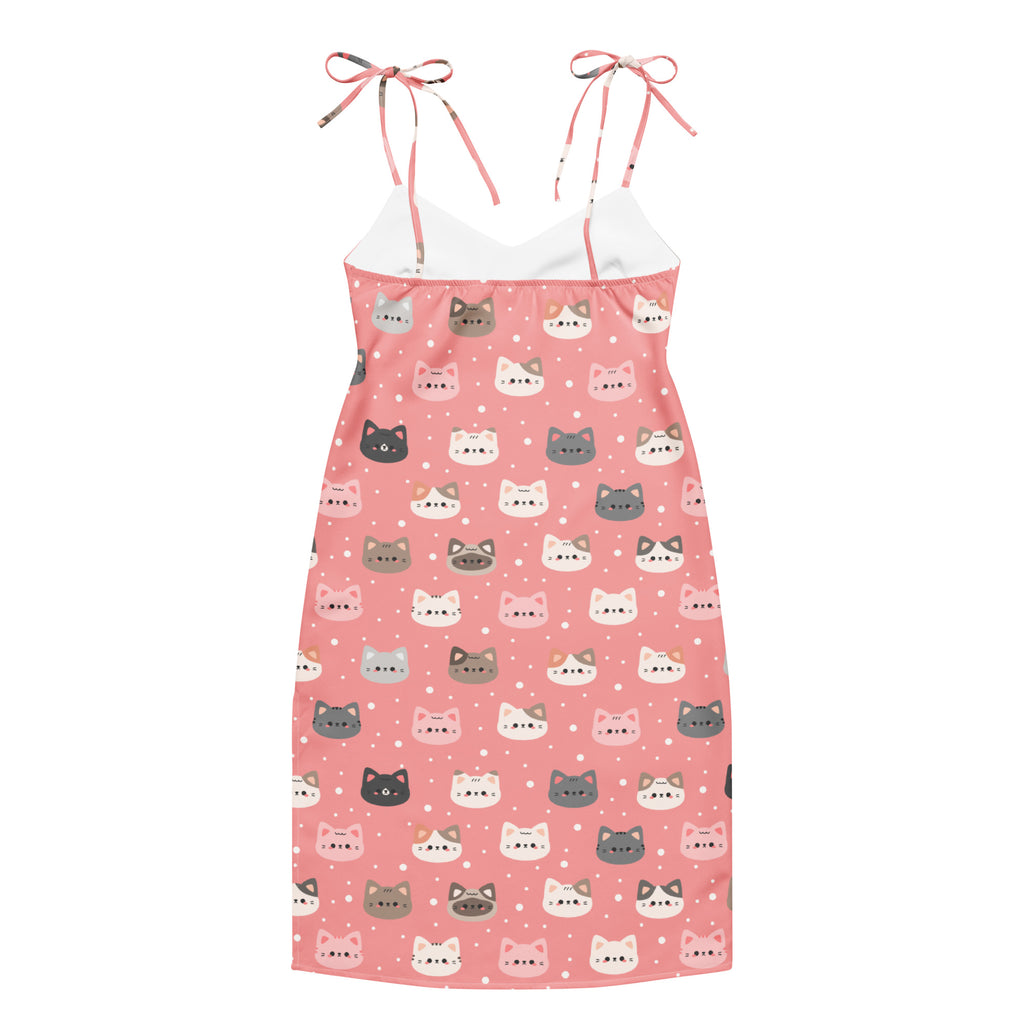 Women’s pink cat slip midi dress with adjustable tie straps and white inner lining featuring built-in bra