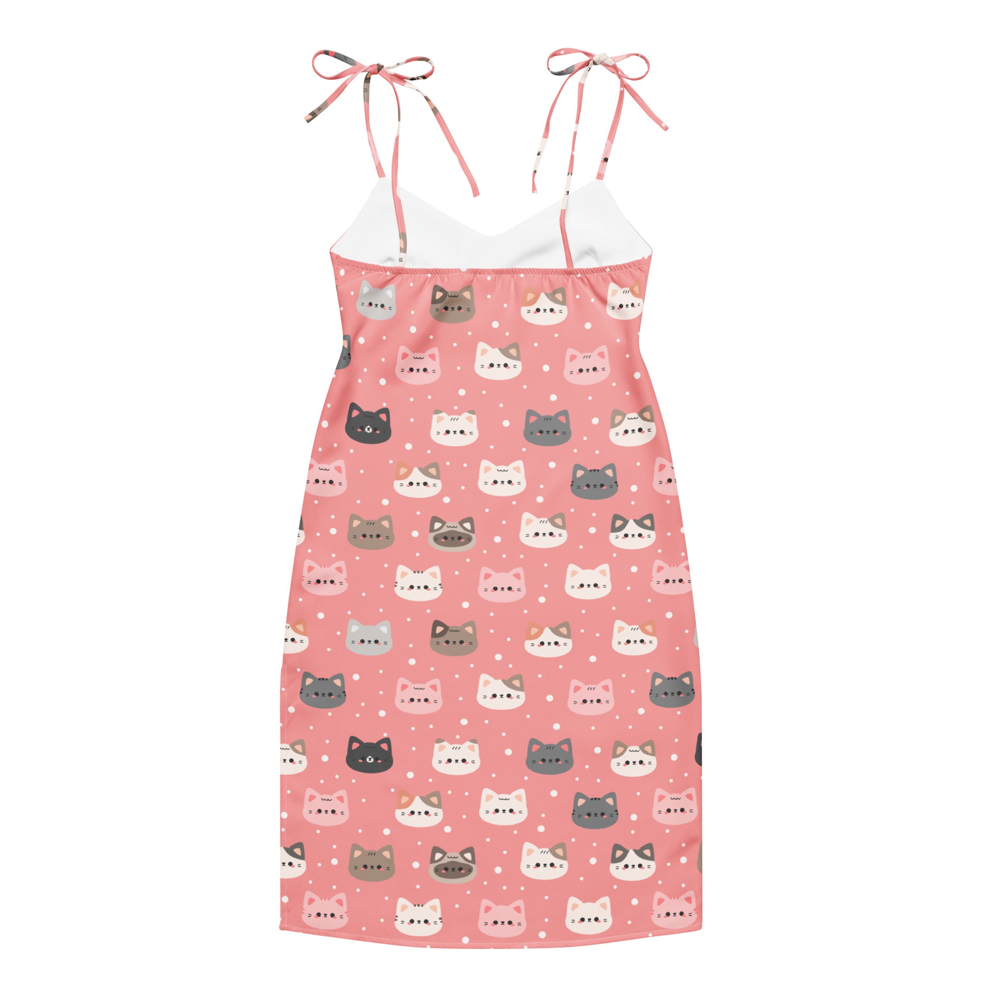 Women’s pink cat slip midi dress with adjustable tie straps and white inner lining featuring built-in bra