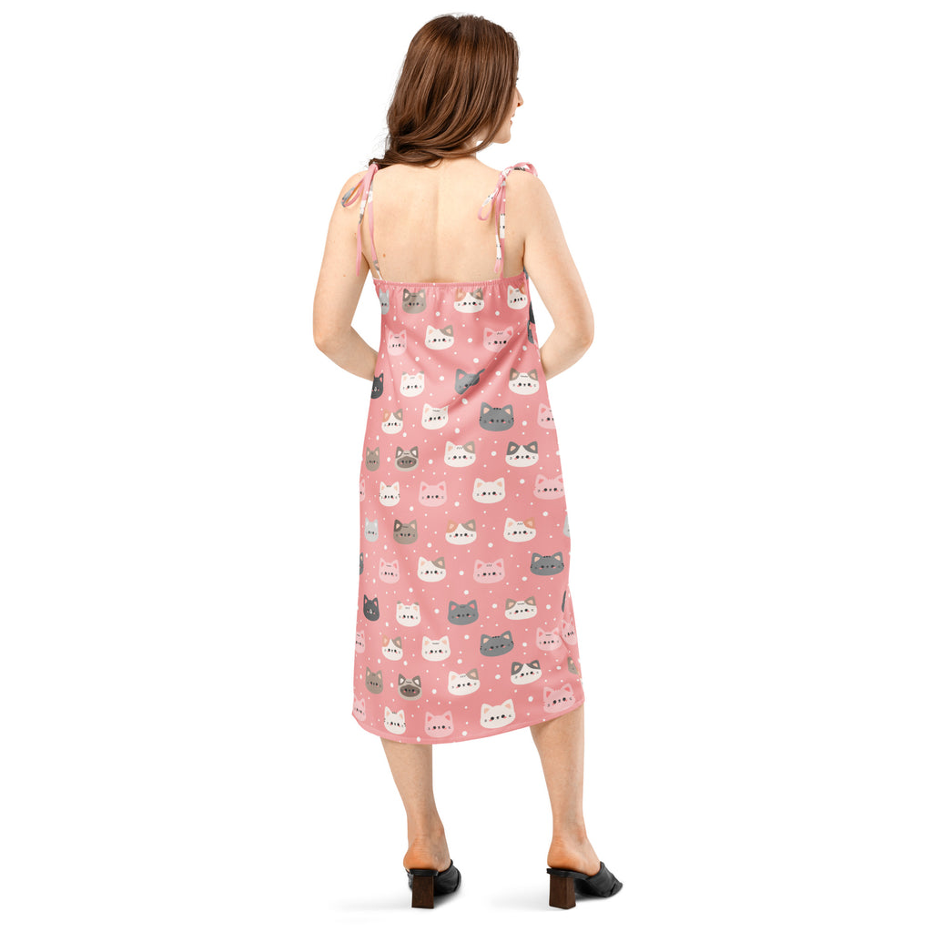 Women’s pink cat slip dress midi with adjustable tie straps sleeveless featuring colorful cartoon cat pattern