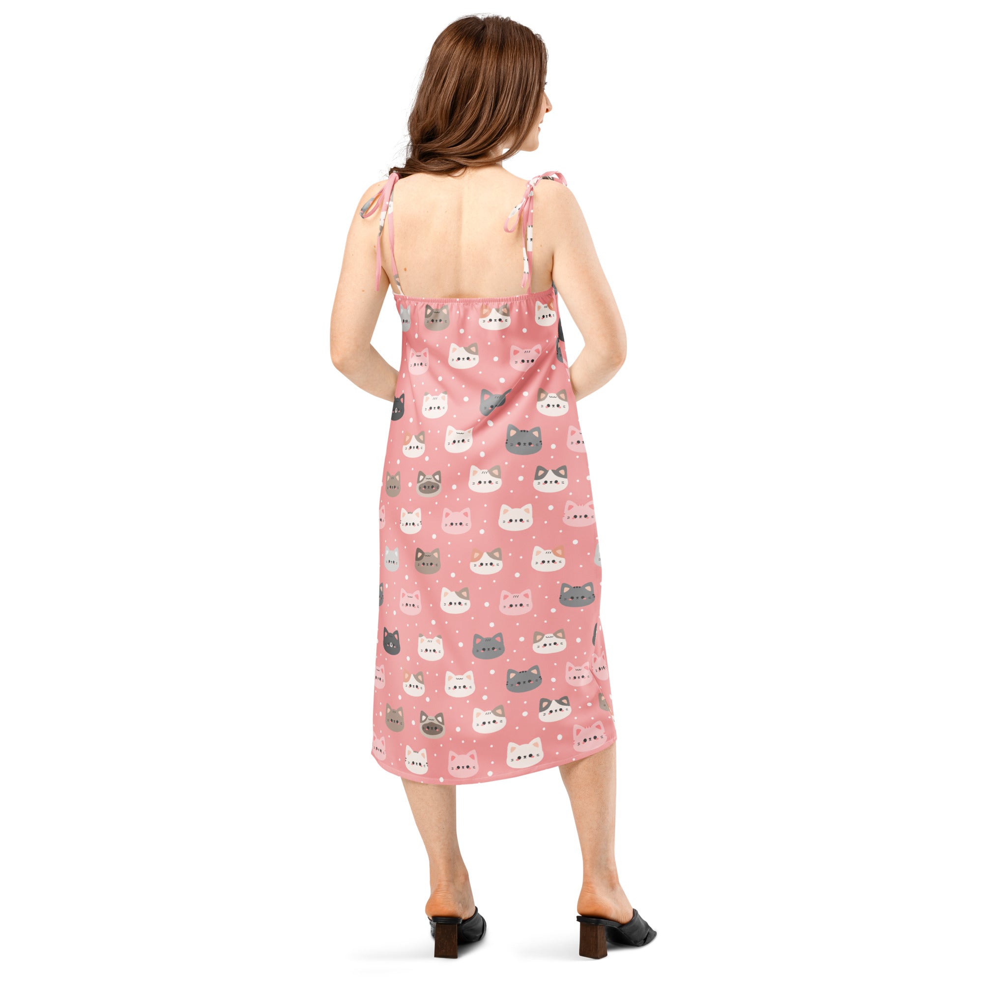 Women’s pink cat slip dress midi with adjustable tie straps sleeveless featuring colorful cartoon cat pattern