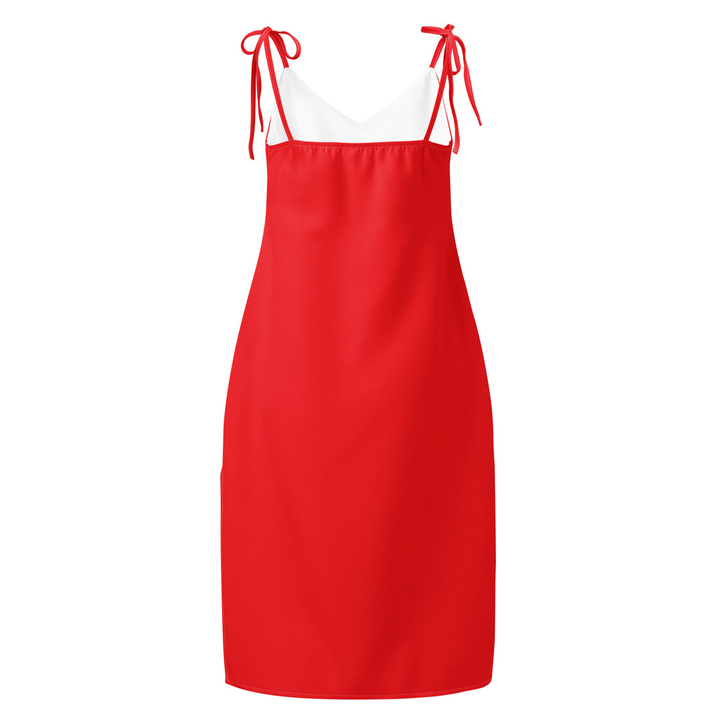 Red slip dress with thin straps on a white background