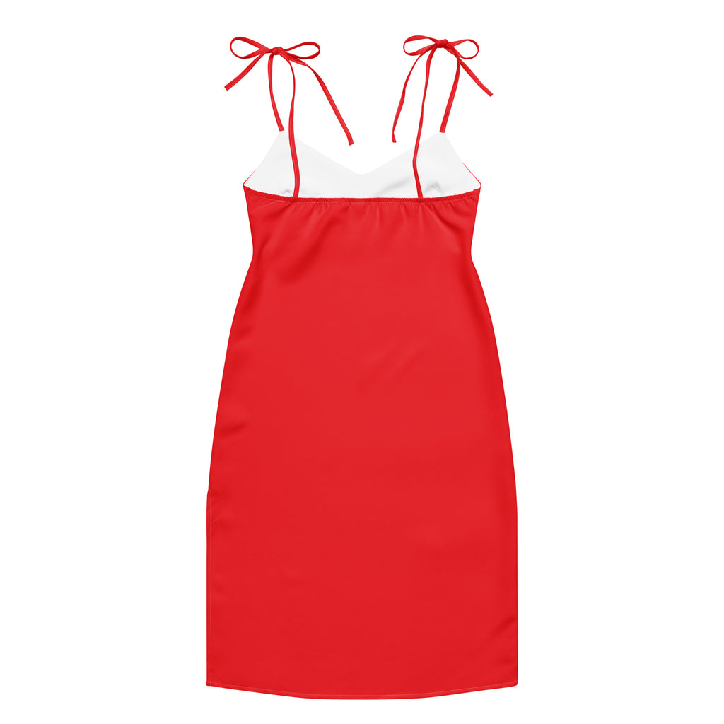 Red dress with white trim on a white background