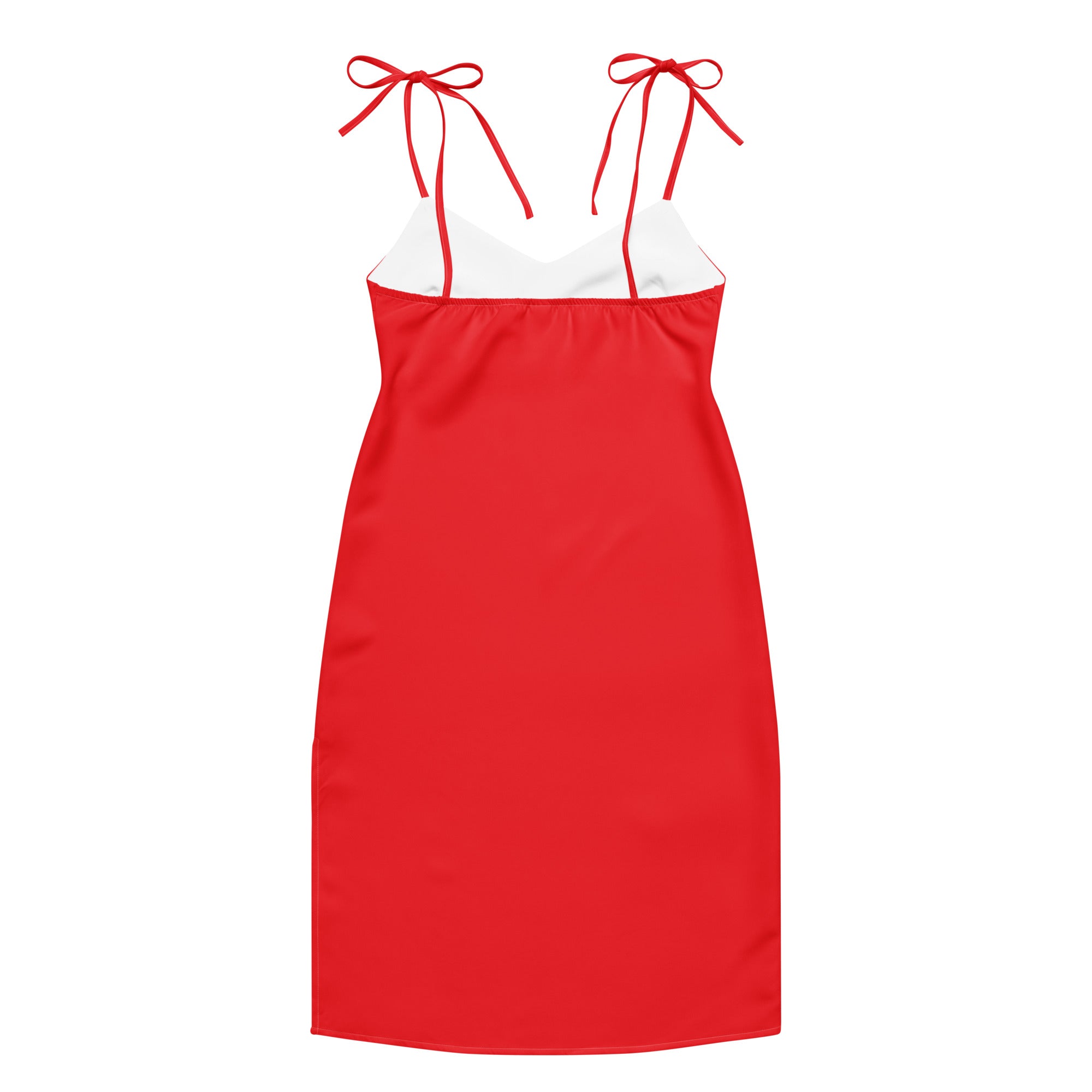 Red dress with white trim on a white background
