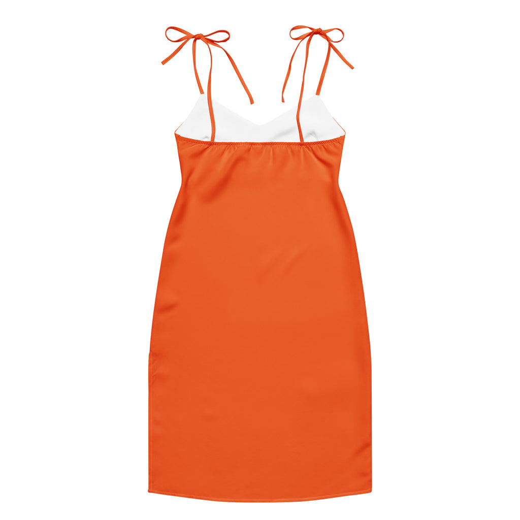 Orange dress with white trim on a white background