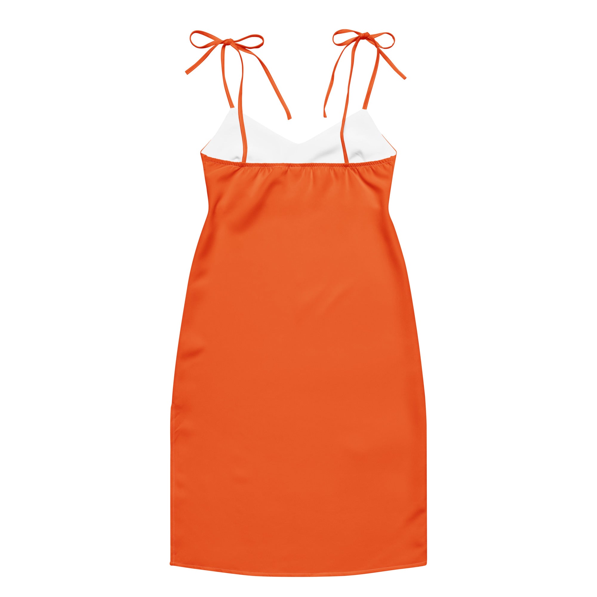 Orange dress with white trim on a white background