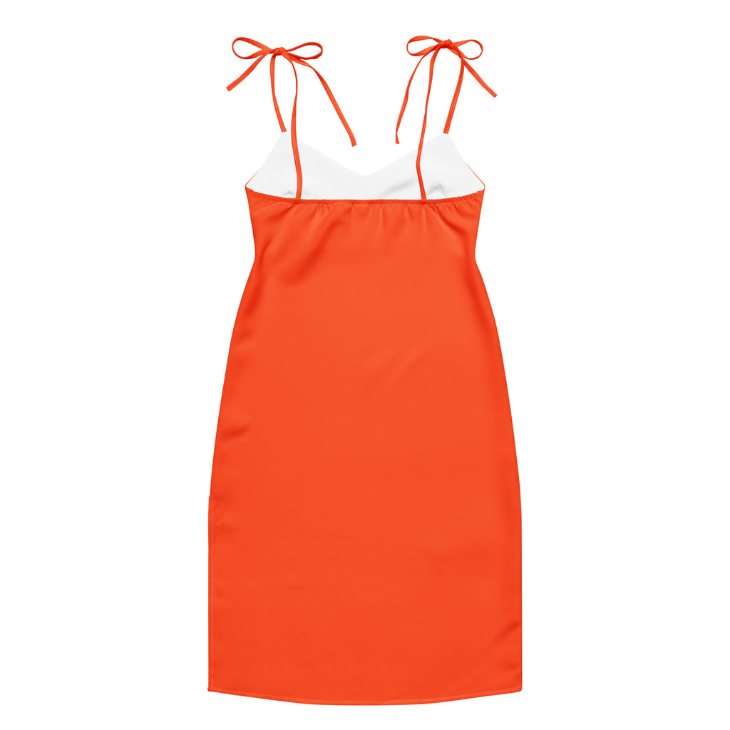 Women's bright orange slip dress with built-in bra, midi length, and adjustable tie straps by Bouvelle.