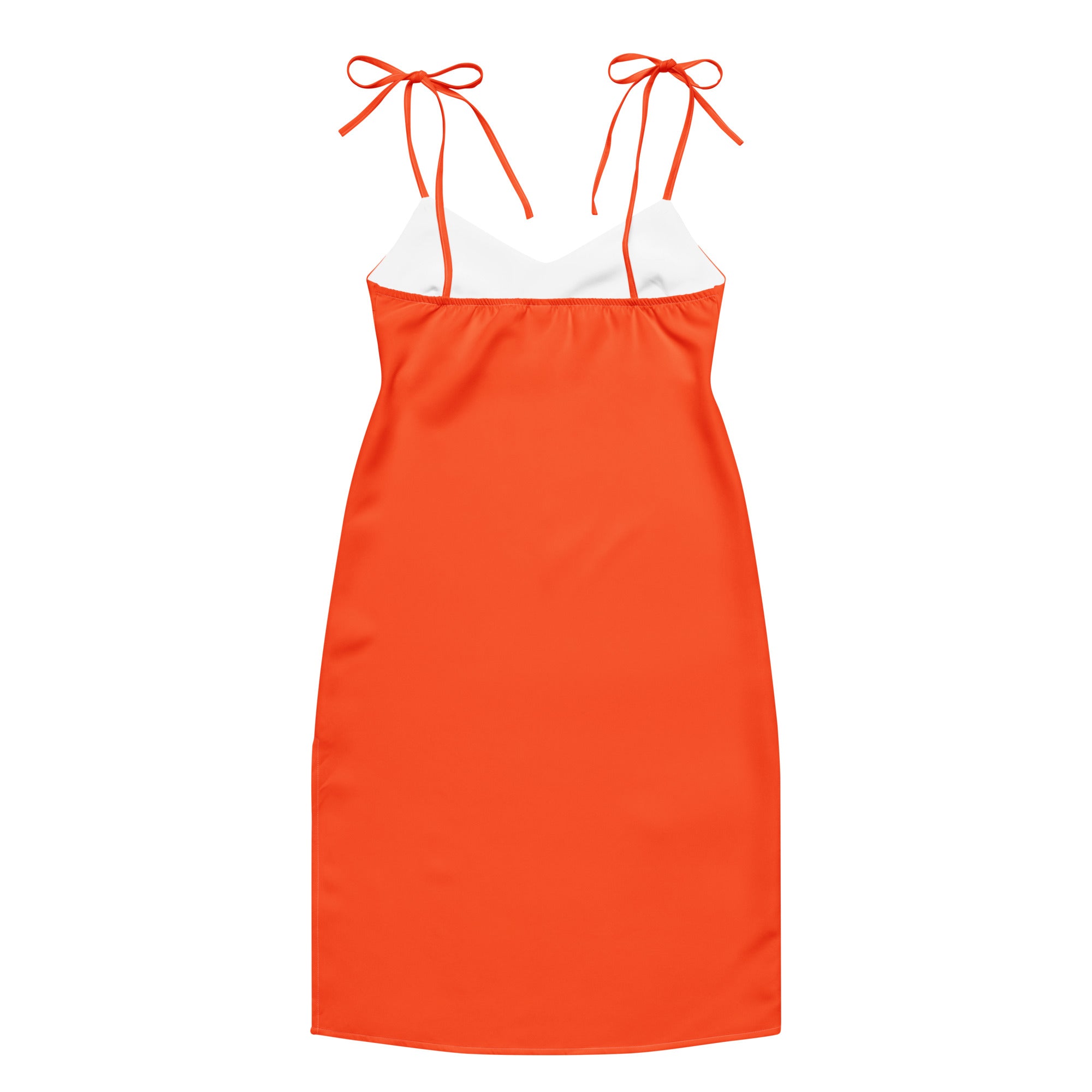 Women's bright orange slip dress with built-in bra, midi length, and adjustable tie straps by Bouvelle.