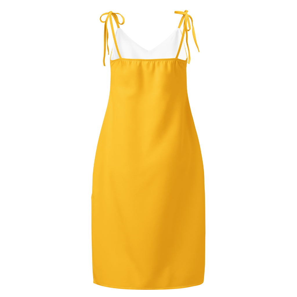 Women's yellow midi slip dress with adjustable tie straps and built-in bra
