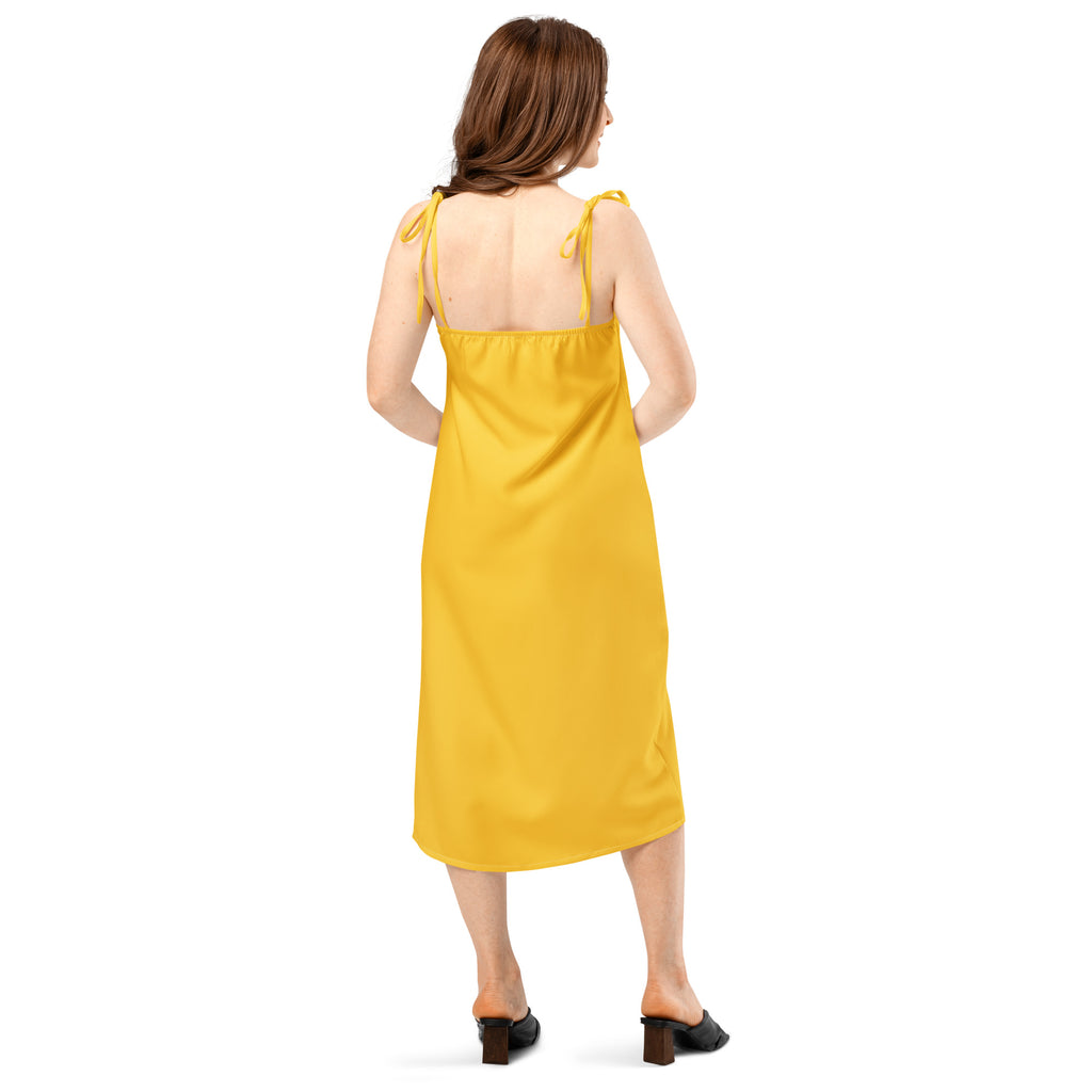 Bouvelle women's yellow slip midi dress with adjustable tie straps and built-in bra back view
