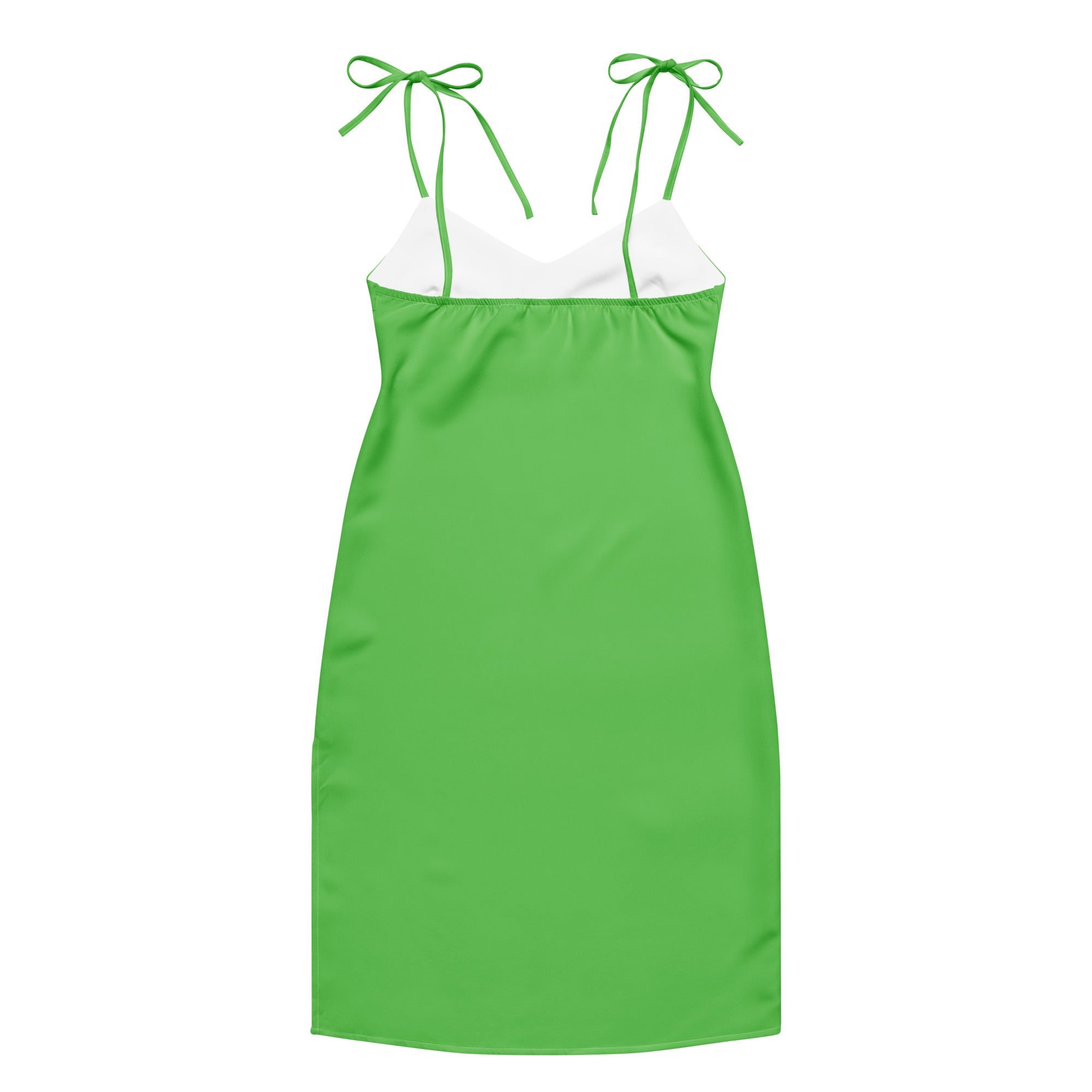 Women's green midi slip dress with adjustable tie straps and built-in bra.