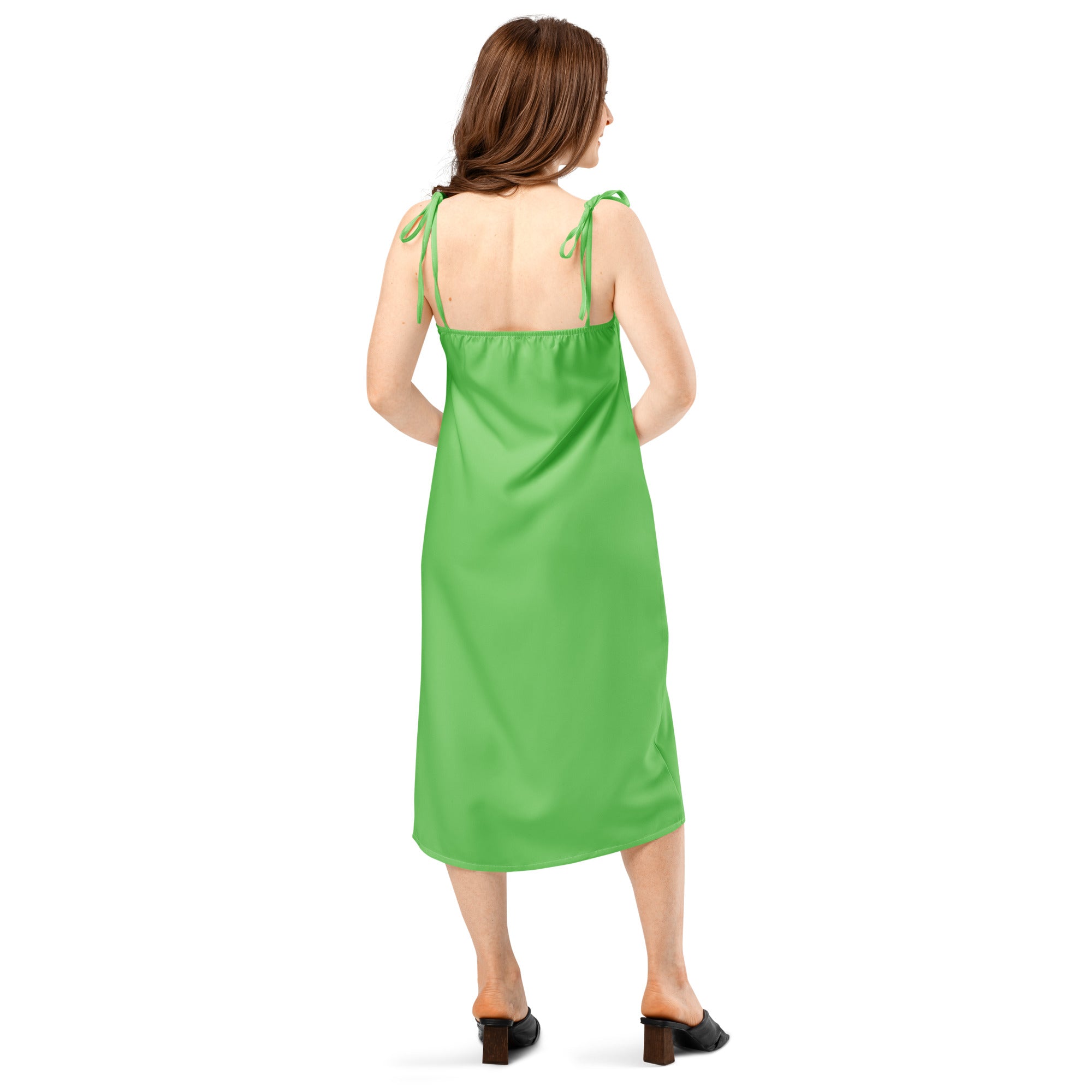 Women's slip dress, green Bouvelle, midi length with adjustable tie straps and built-in bra.