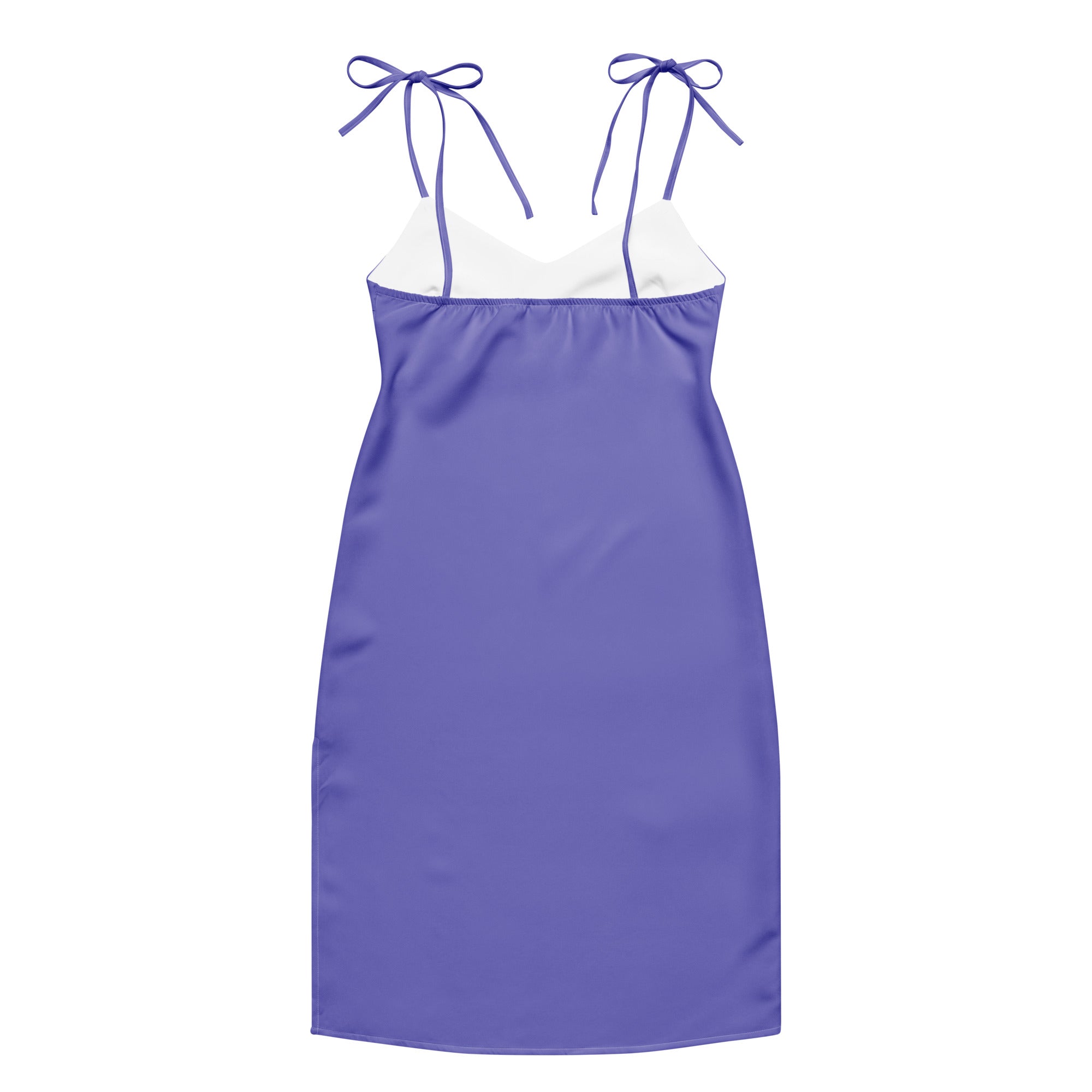 Purple slip dress with white trim on a white background