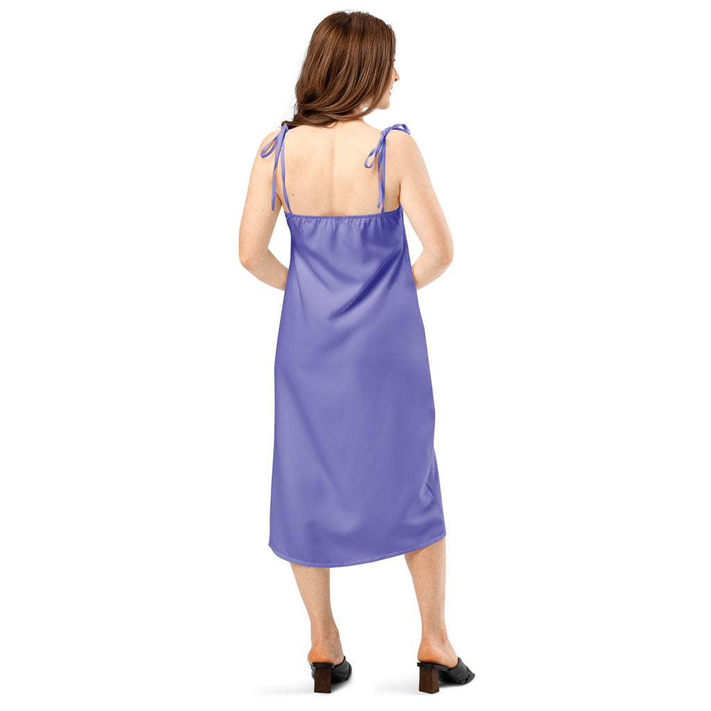 Women's Bouvelle purple slip dress with adjustable tie straps and built-in bra, lavender midi style