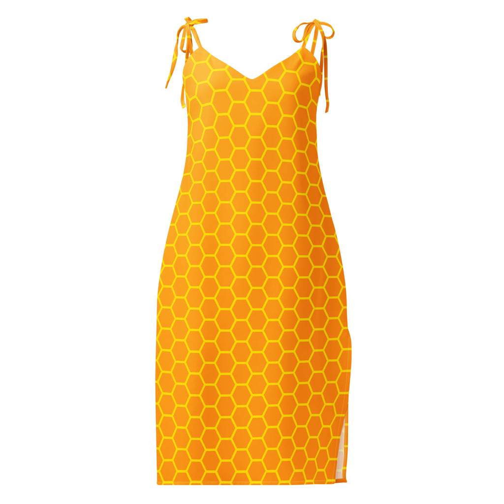 Women’s pink slip midi dress with adjustable tie straps built in bra featuring vibrant orange honeycomb pattern and side slit