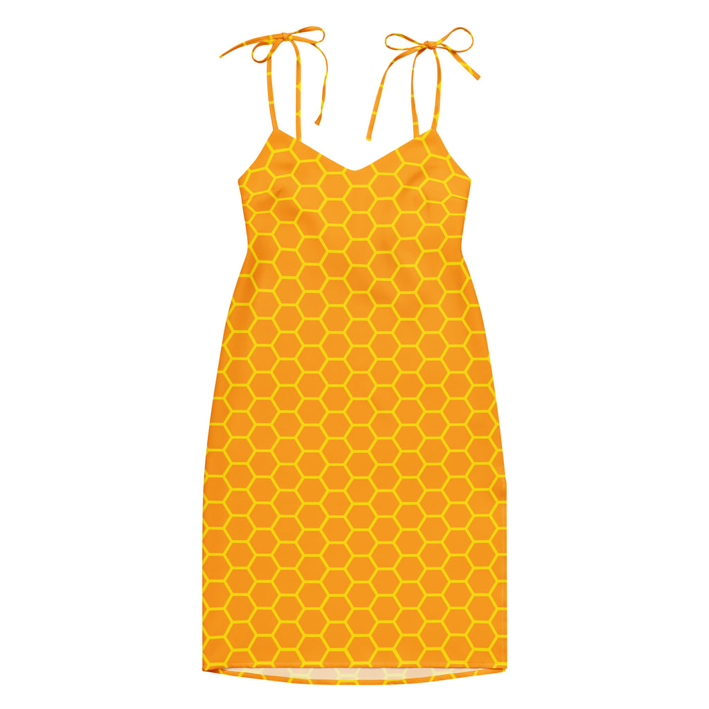 Women’s vibrant orange honeycomb-patterned midi slip dress with spaghetti straps and adjustable tie-back details