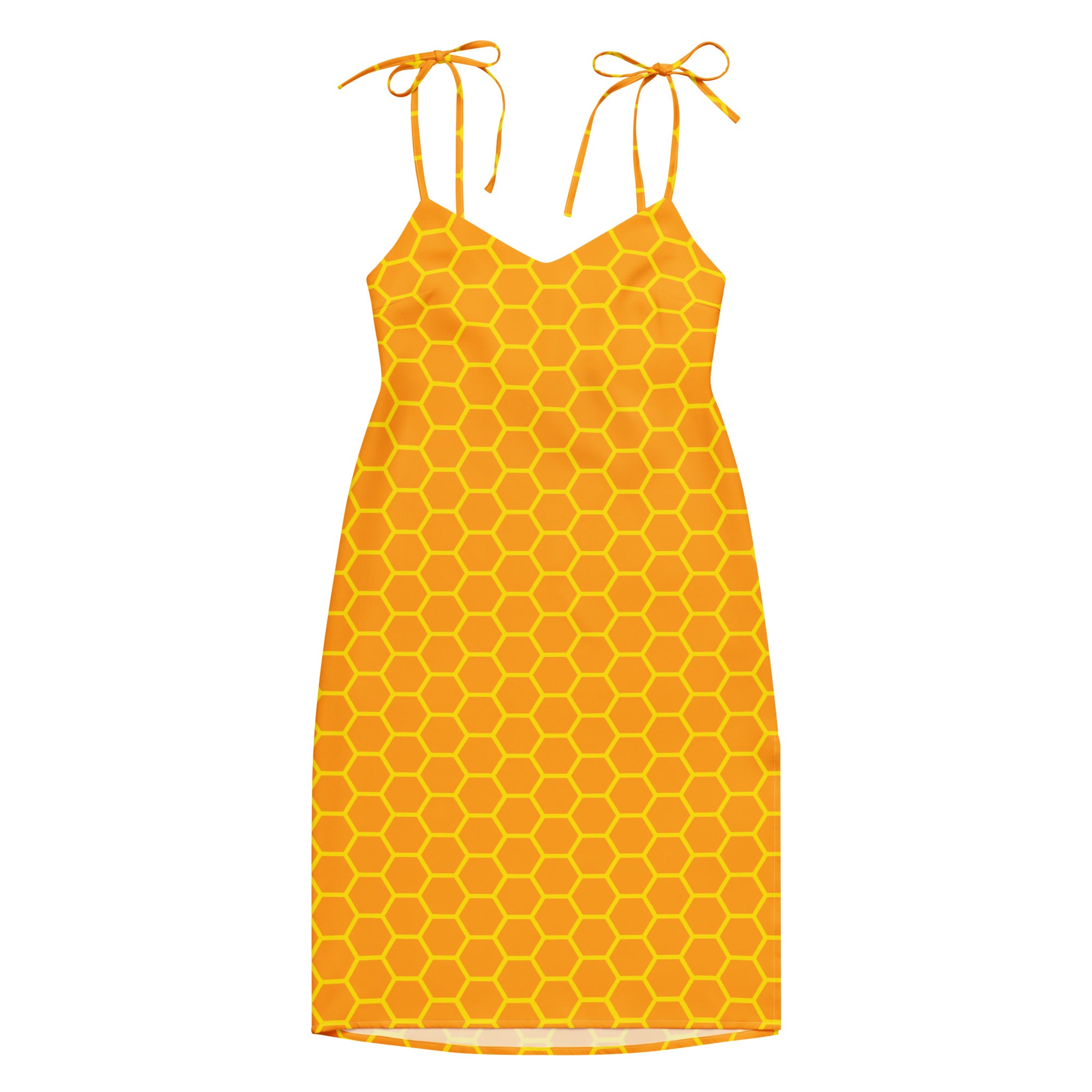 Women’s vibrant orange honeycomb-patterned midi slip dress with spaghetti straps and adjustable tie-back details