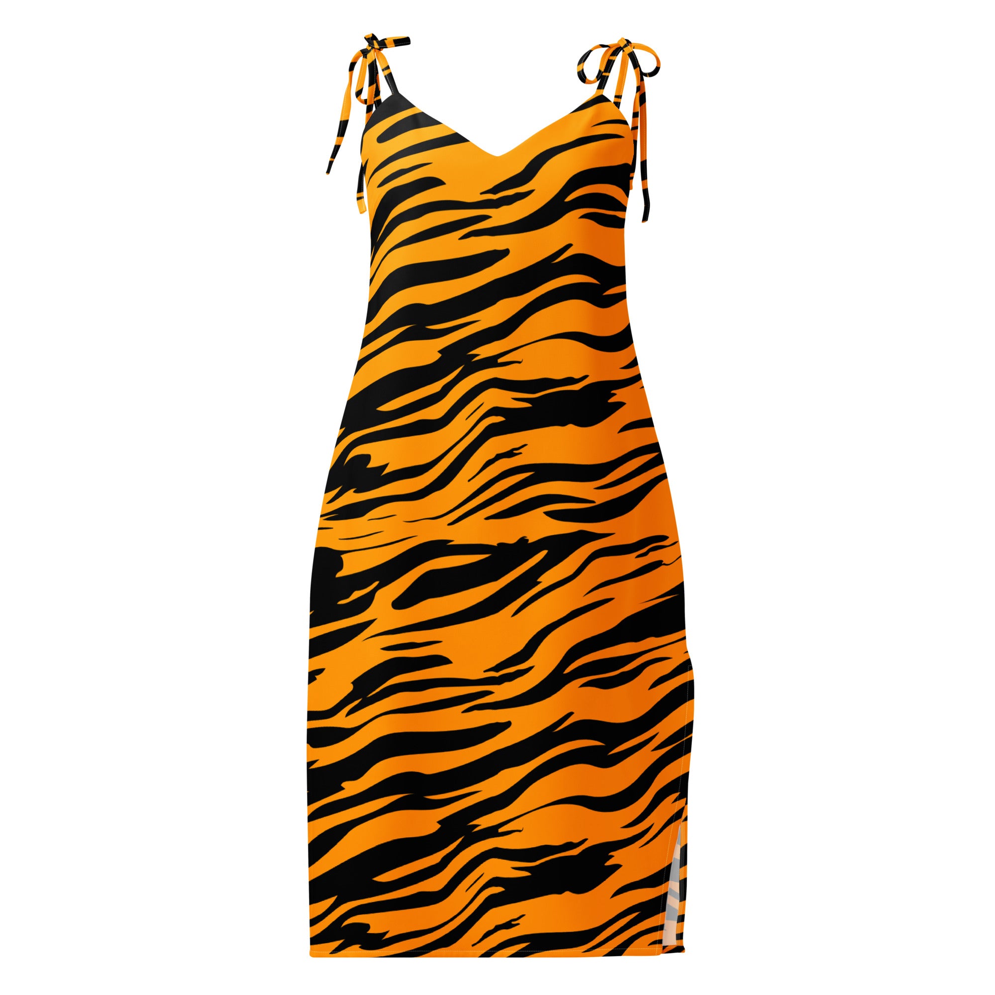 A vibrant orange and black tiger stripe slip dress with adjustable tie straps and built in bra midi dress for women