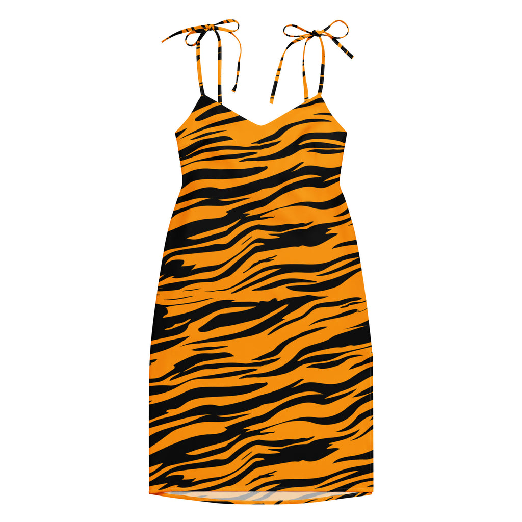 Women’s tiger stripe slip midi dress in orange and black with adjustable tie-back spaghetti straps shown from back