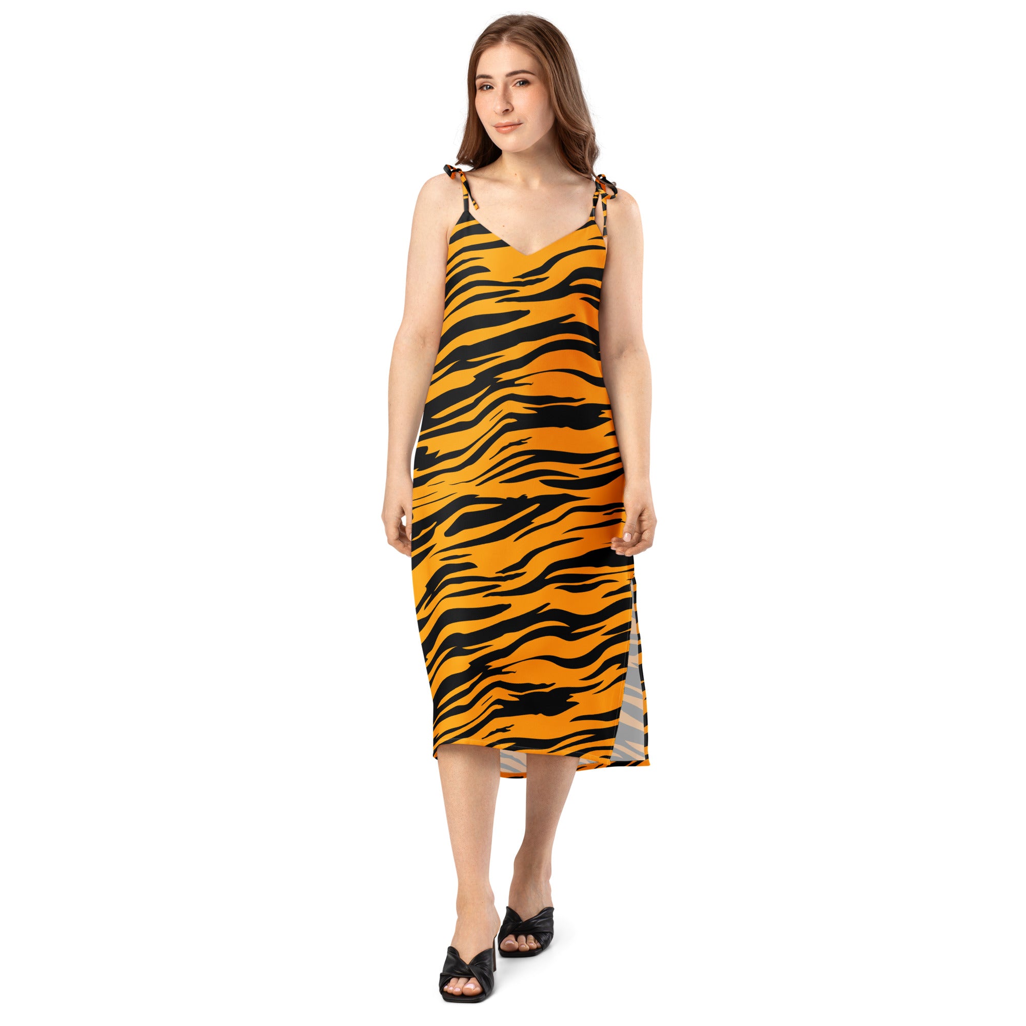 A vibrant orange and black tiger stripe midi dress with thin adjustable spaghetti straps and built in bra for women