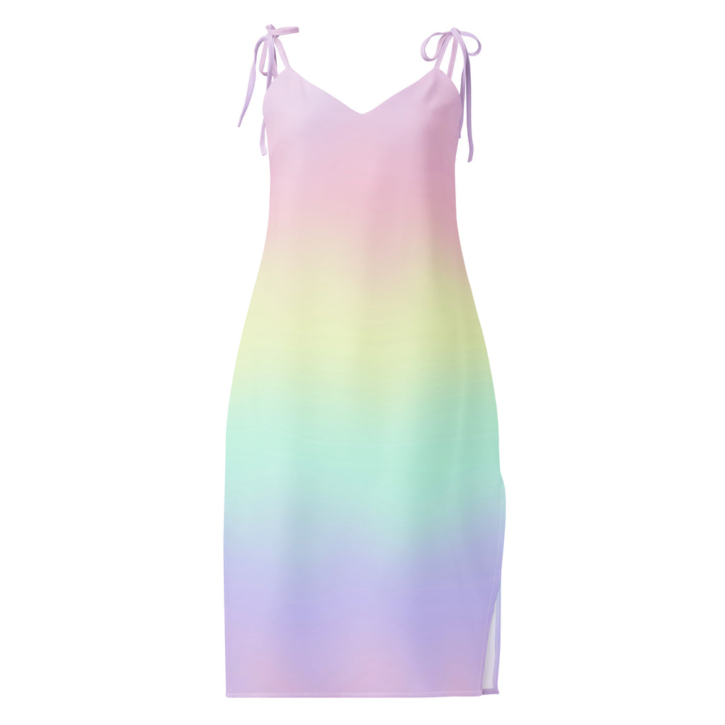Women’s pastel rainbow gradient slip dress with adjustable tie straps side slit and built in bra midi length