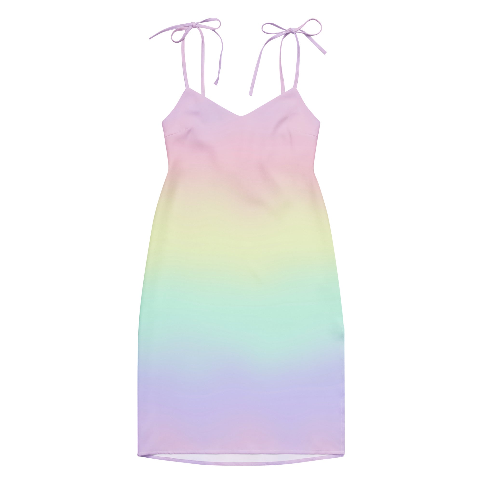 Women’s pastel rainbow midi slip dress with soft flowing fabric and adjustable tied spaghetti shoulder straps