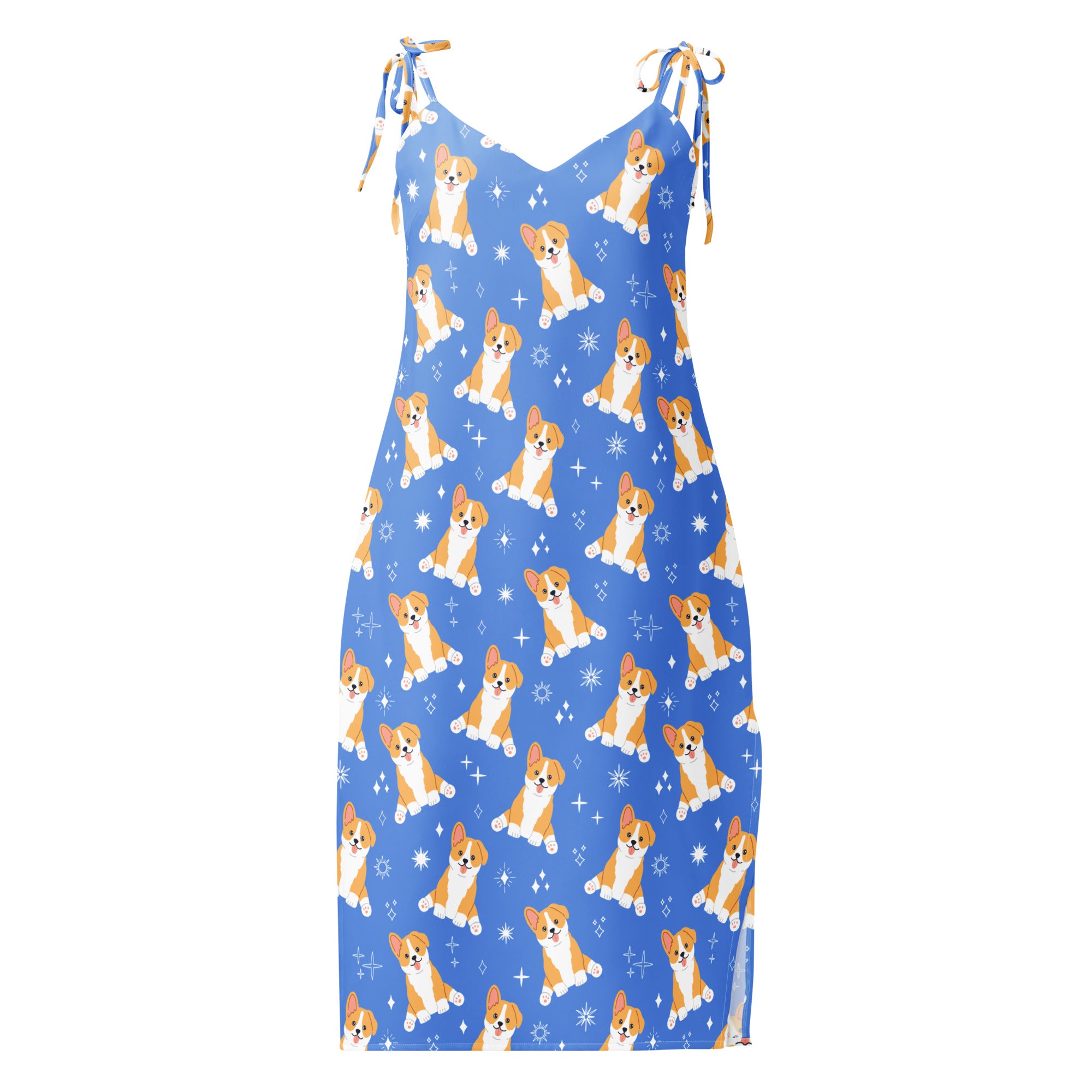Women’s blue sleeveless midi slip dress with cartoon corgi pattern, adjustable tie straps, and built-in bra