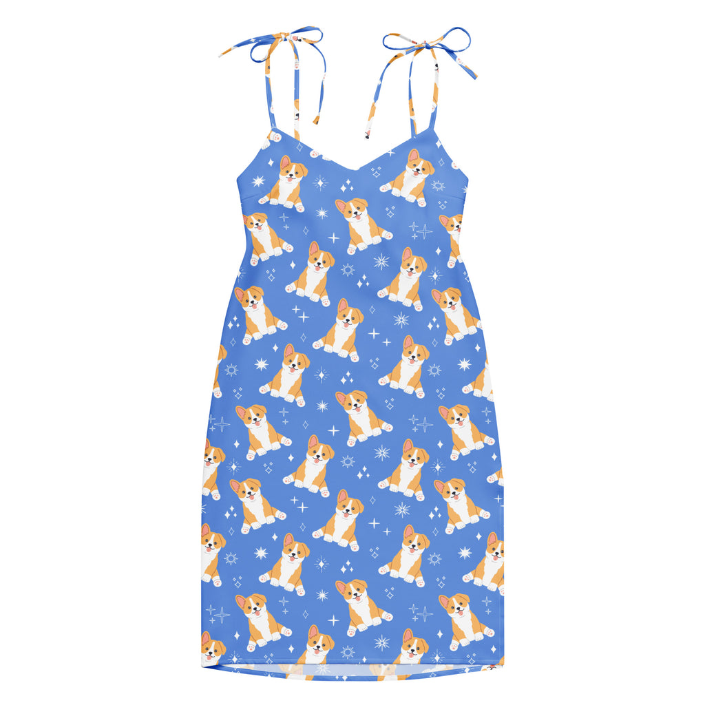 Women’s blue midi slip dress with adjustable tie straps and built-in bra featuring cartoon corgi puppies and sparkles