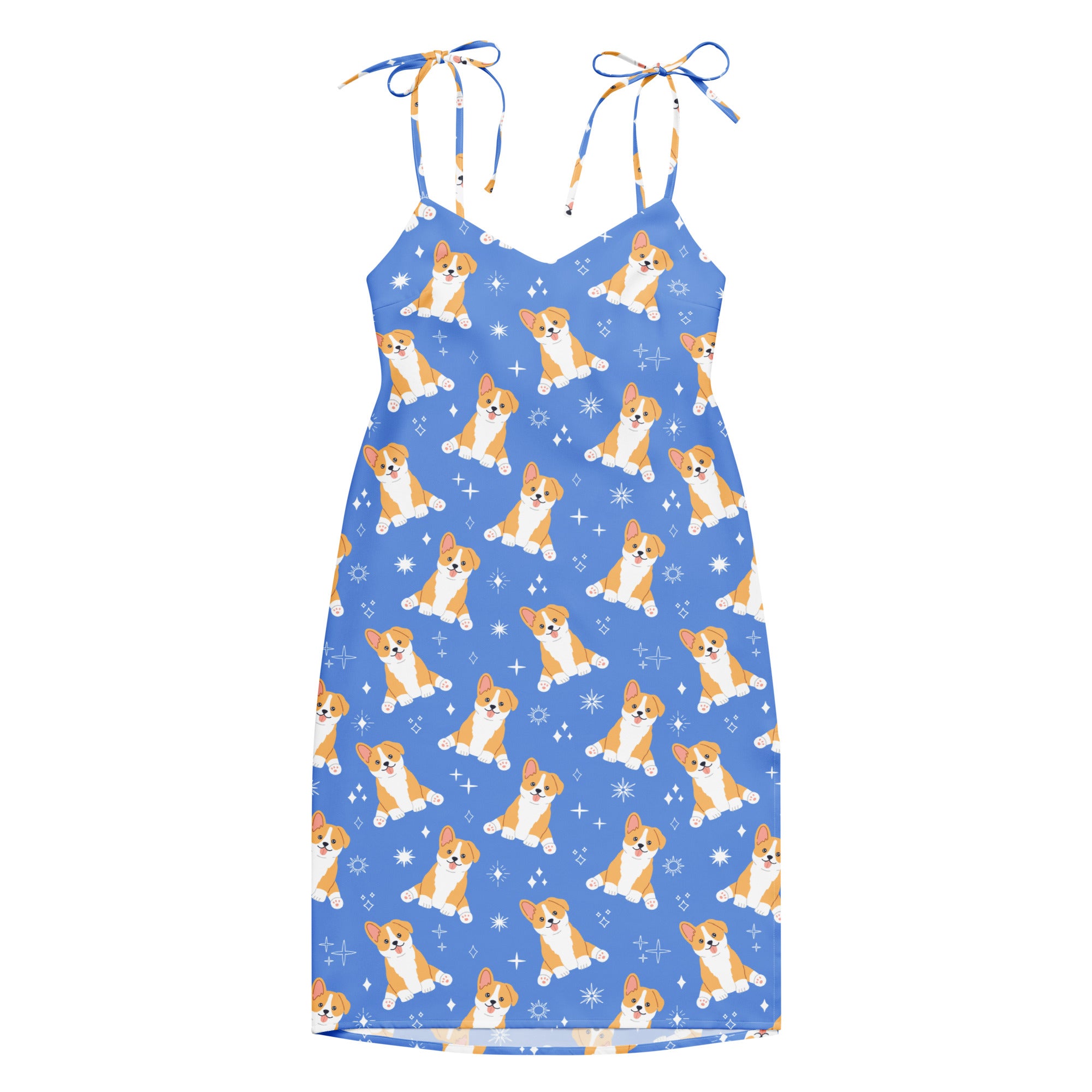 Women’s blue midi slip dress with adjustable tie straps and built-in bra featuring cartoon corgi puppies and sparkles