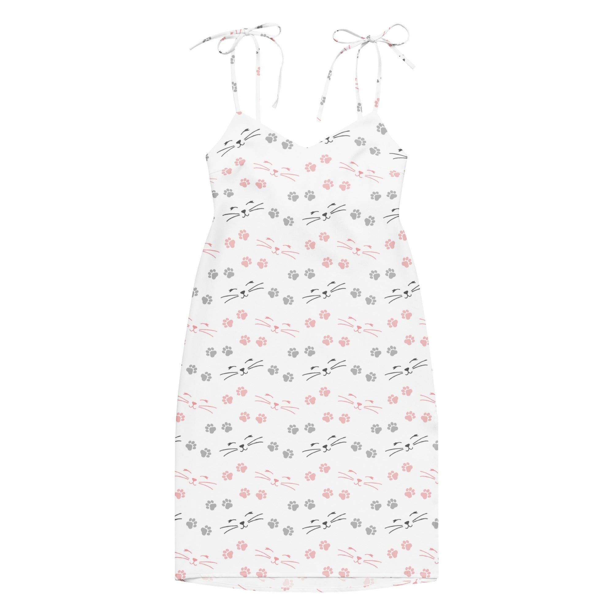 White spaghetti strap midi slip dress with adjustable tie straps and cat paw print pattern in pink and gray