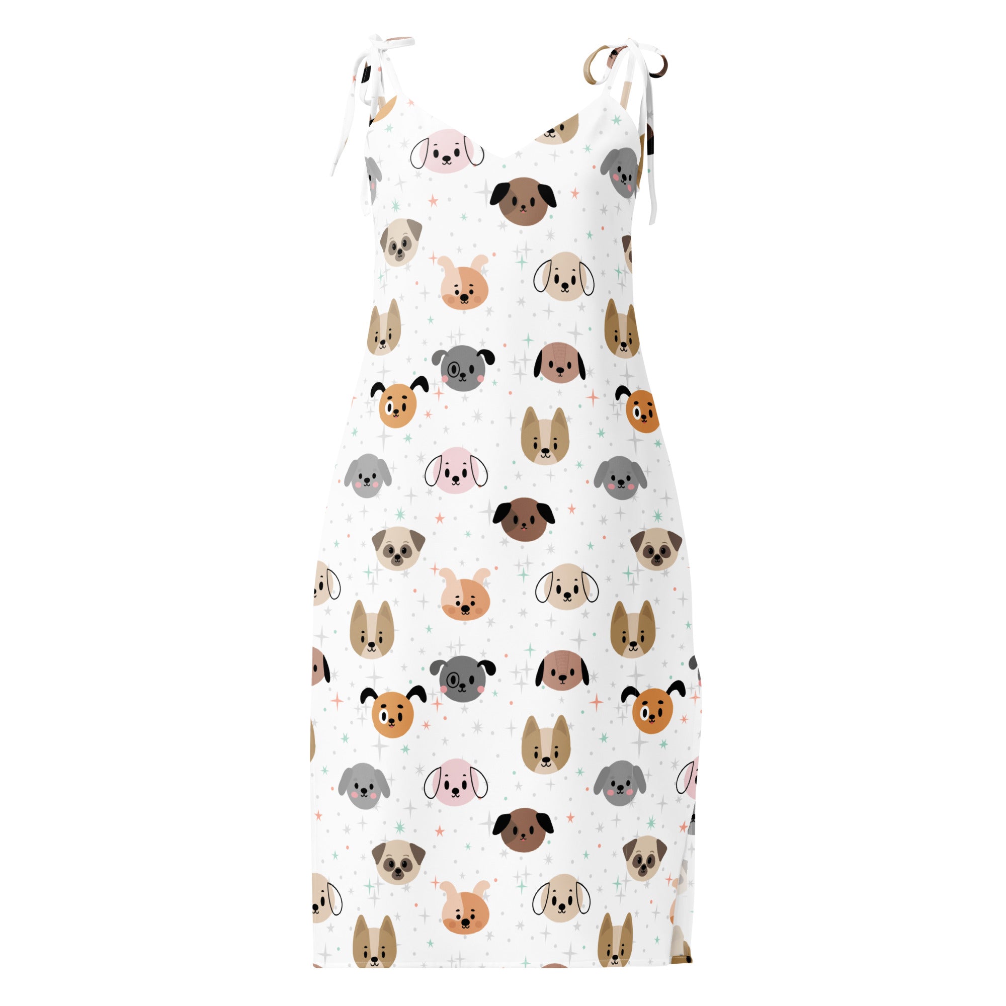 White sleeveless midi dog face slip dress with adjustable tie straps and playful cartoon dog pattern in multiple colors