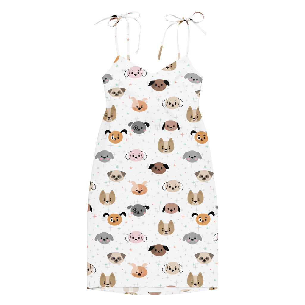Women’s white sleeveless midi dog face slip dress with adjustable tie straps and built in bra featuring colorful cartoon dogs