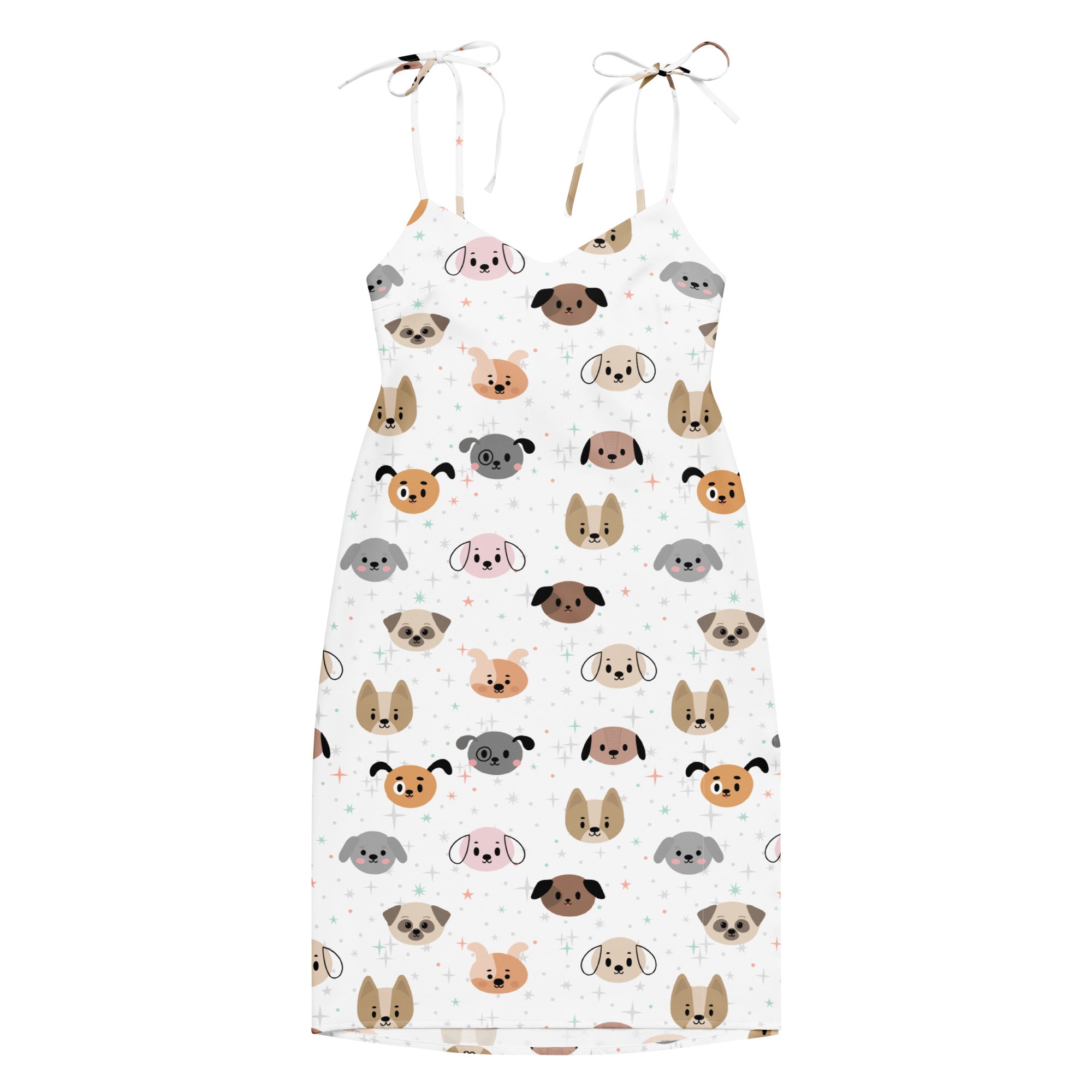 Women’s white sleeveless midi dog face slip dress with adjustable tie straps and built in bra featuring colorful cartoon dogs