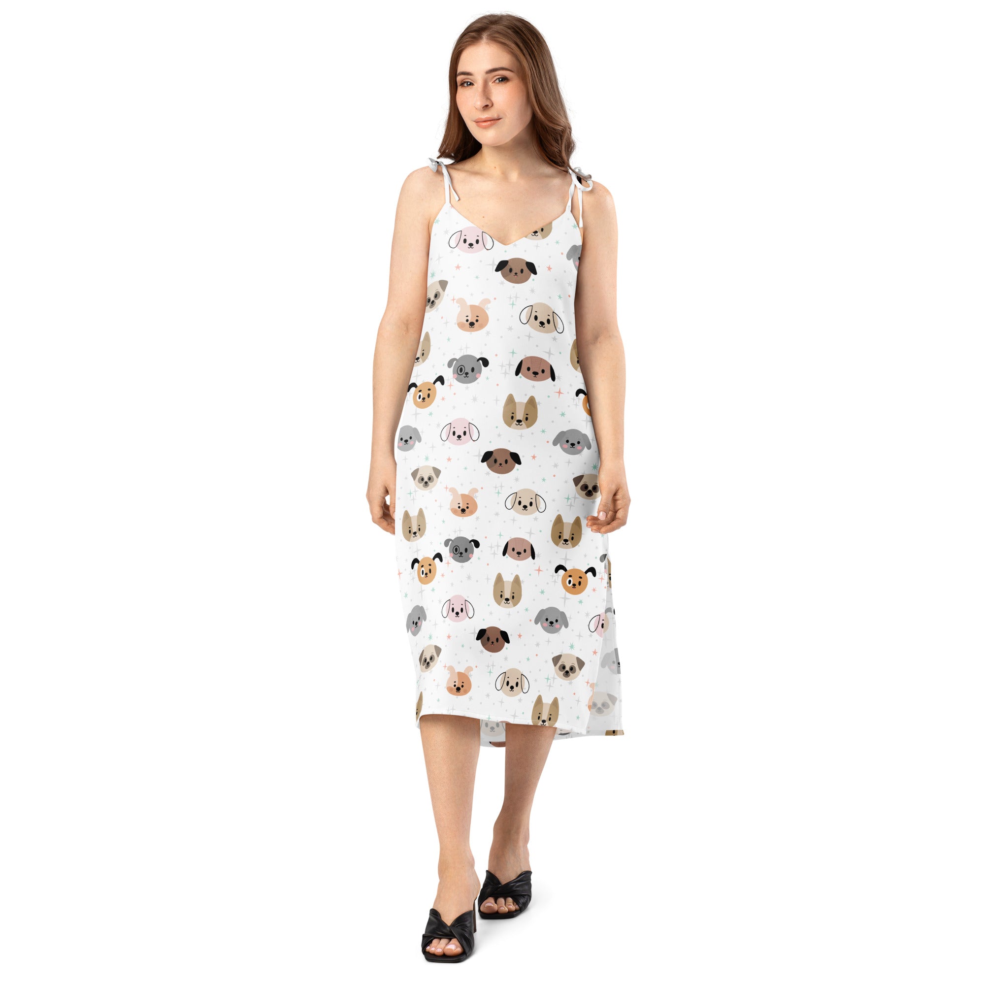 Women’s white spaghetti strap dog face slip midi dress with adjustable tie straps and built in bra featuring colorful cartoon dogs