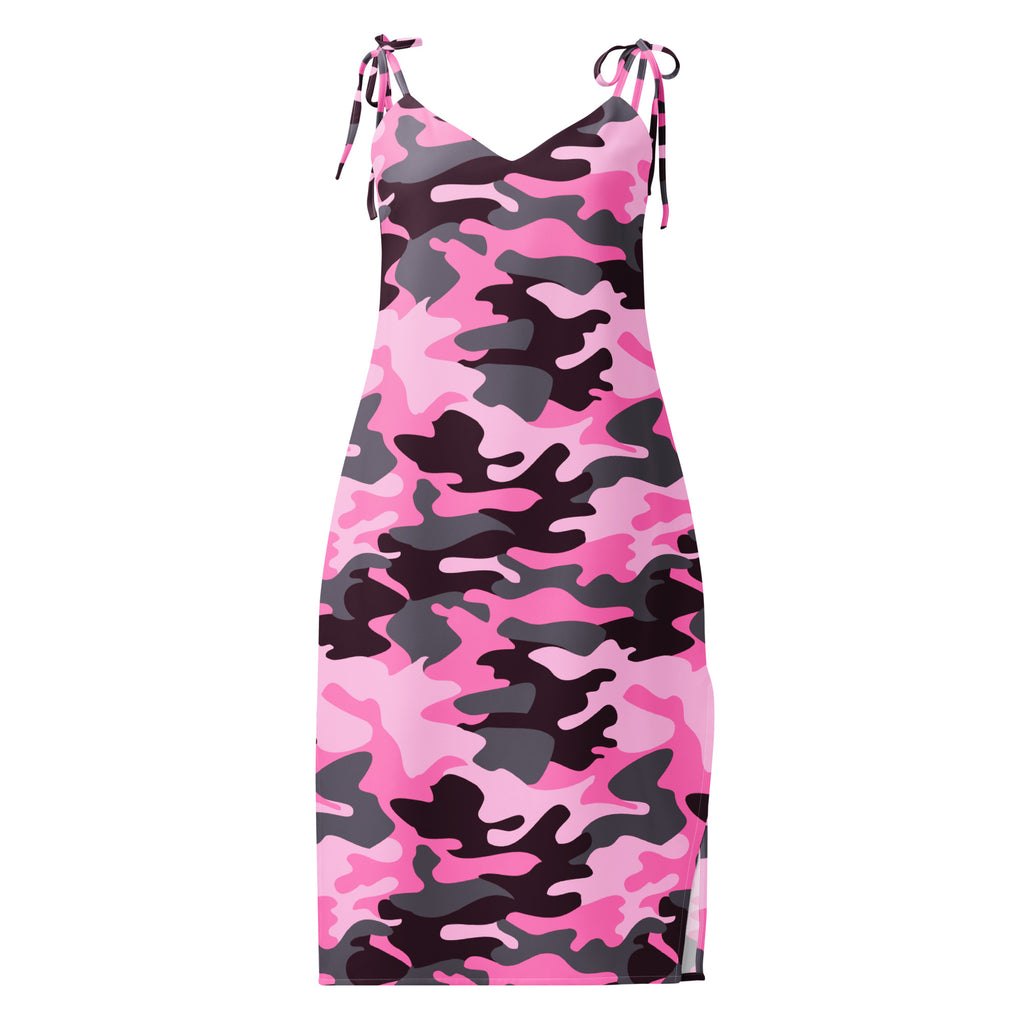 Women’s pink and black camouflage slip dress midi with thin adjustable tie straps and built-in bra