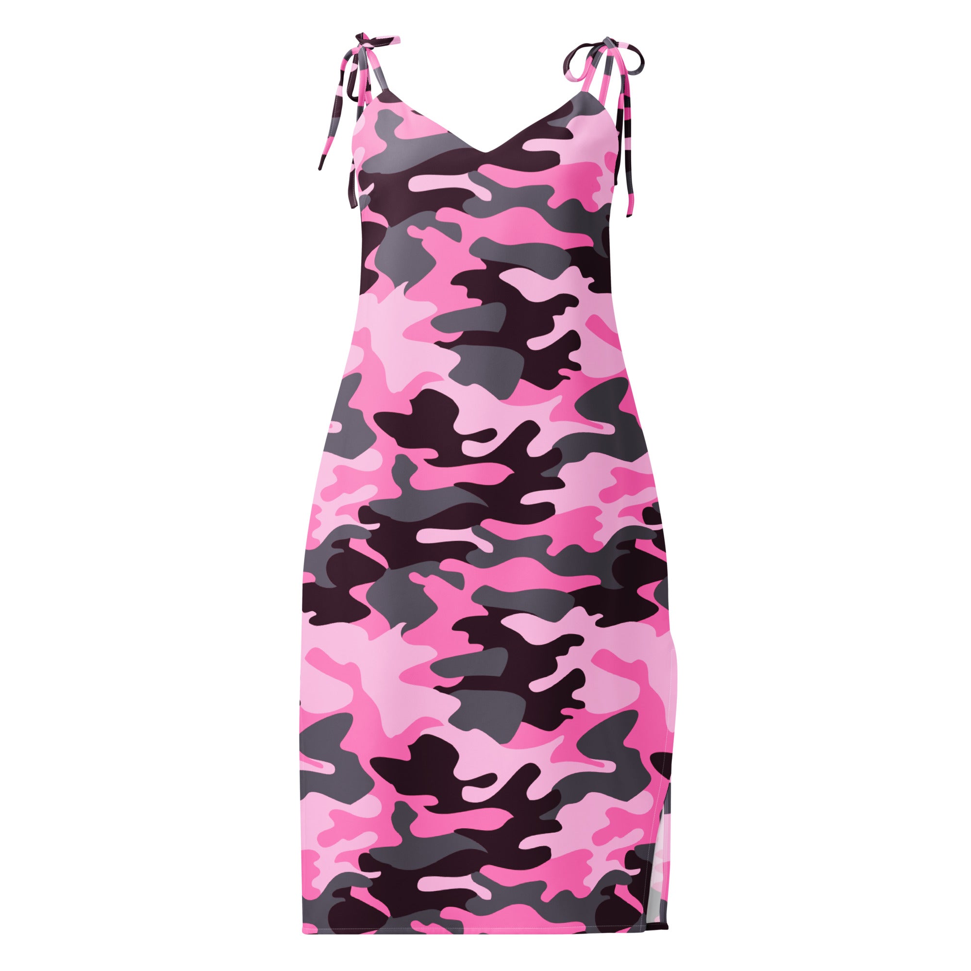 Women’s pink and black camouflage slip dress midi with thin adjustable tie straps and built-in bra