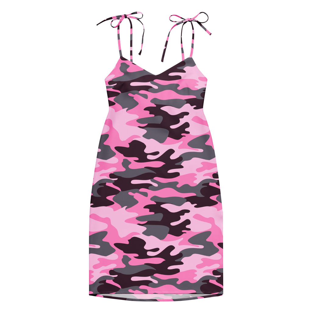 Women’s pink and black camouflage slip midi dress with adjustable tied shoulder straps and built in bra