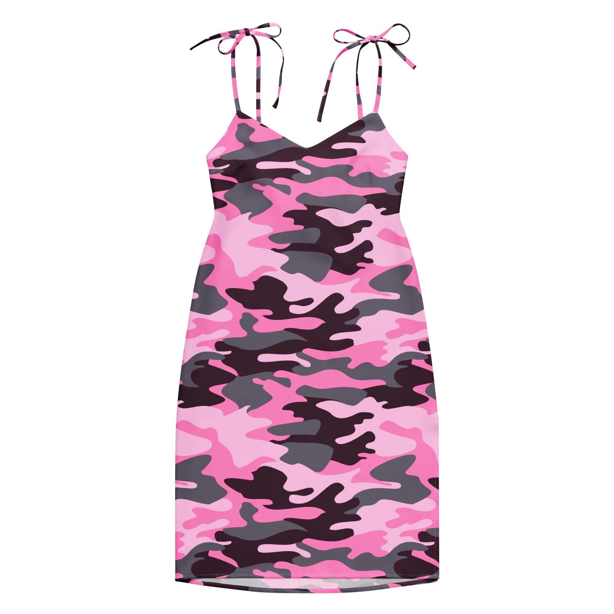 Women’s pink and black camouflage slip midi dress with adjustable tied shoulder straps and built in bra
