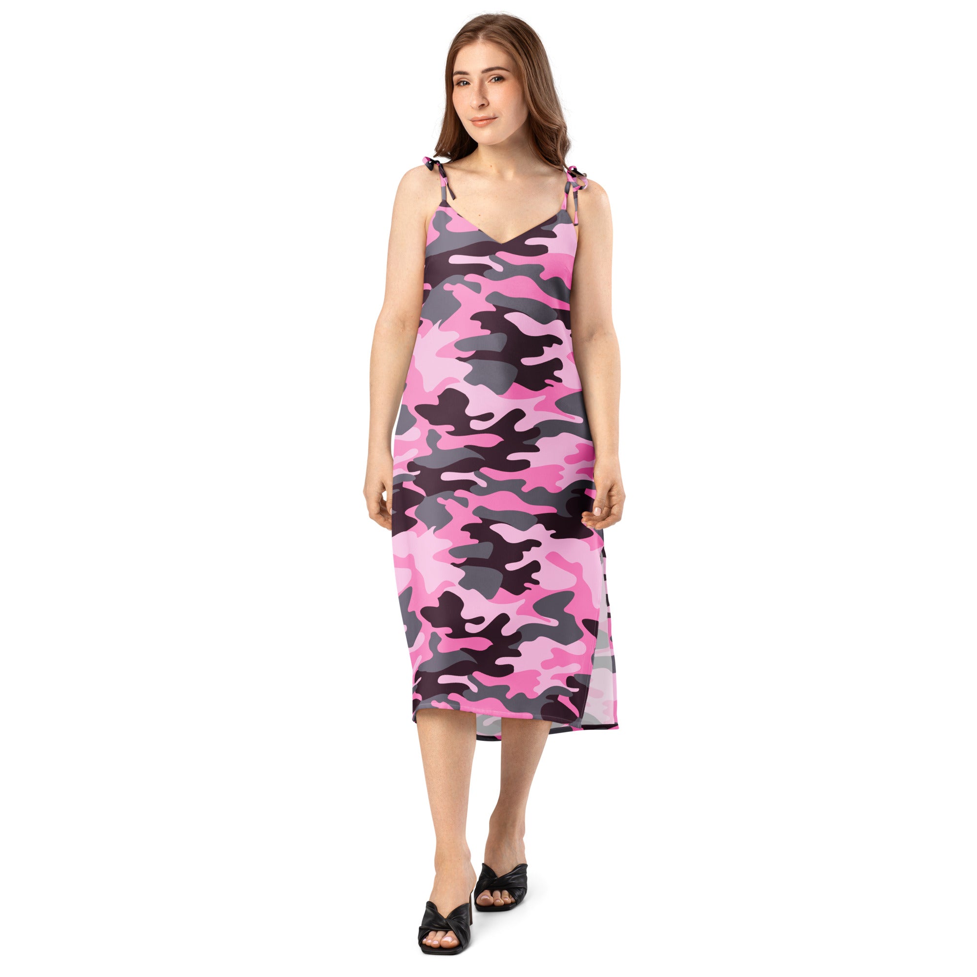 Women’s pink and black camouflage slip midi dress with v-neckline adjustable tie straps and built-in bra