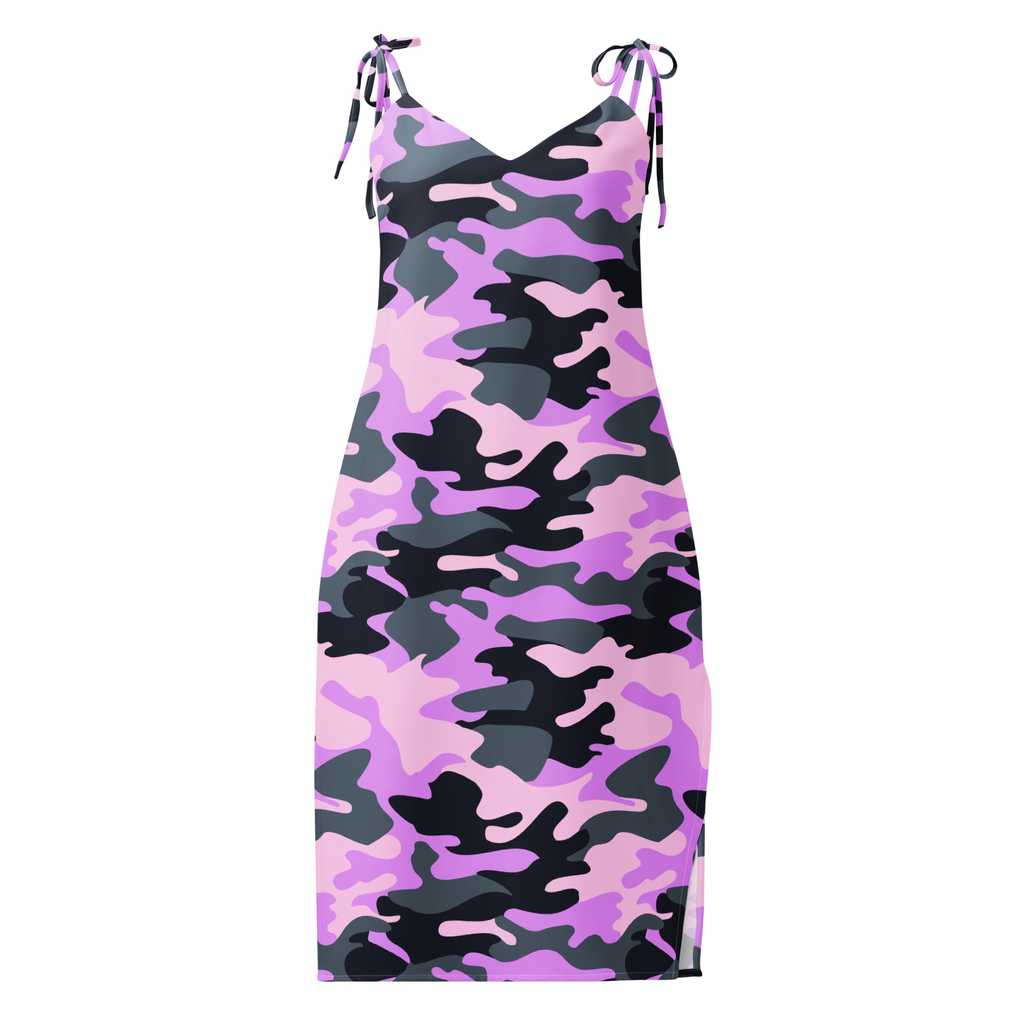 A sleek women’s midi slip dress in vibrant purple and black camouflage with adjustable tie straps and built-in bra