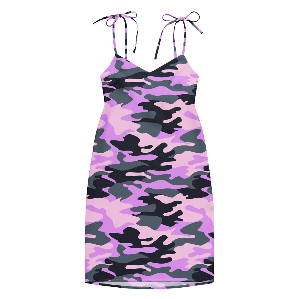 Women’s purple camouflage slip dress with pink and black pattern midi length adjustable tie shoulder straps