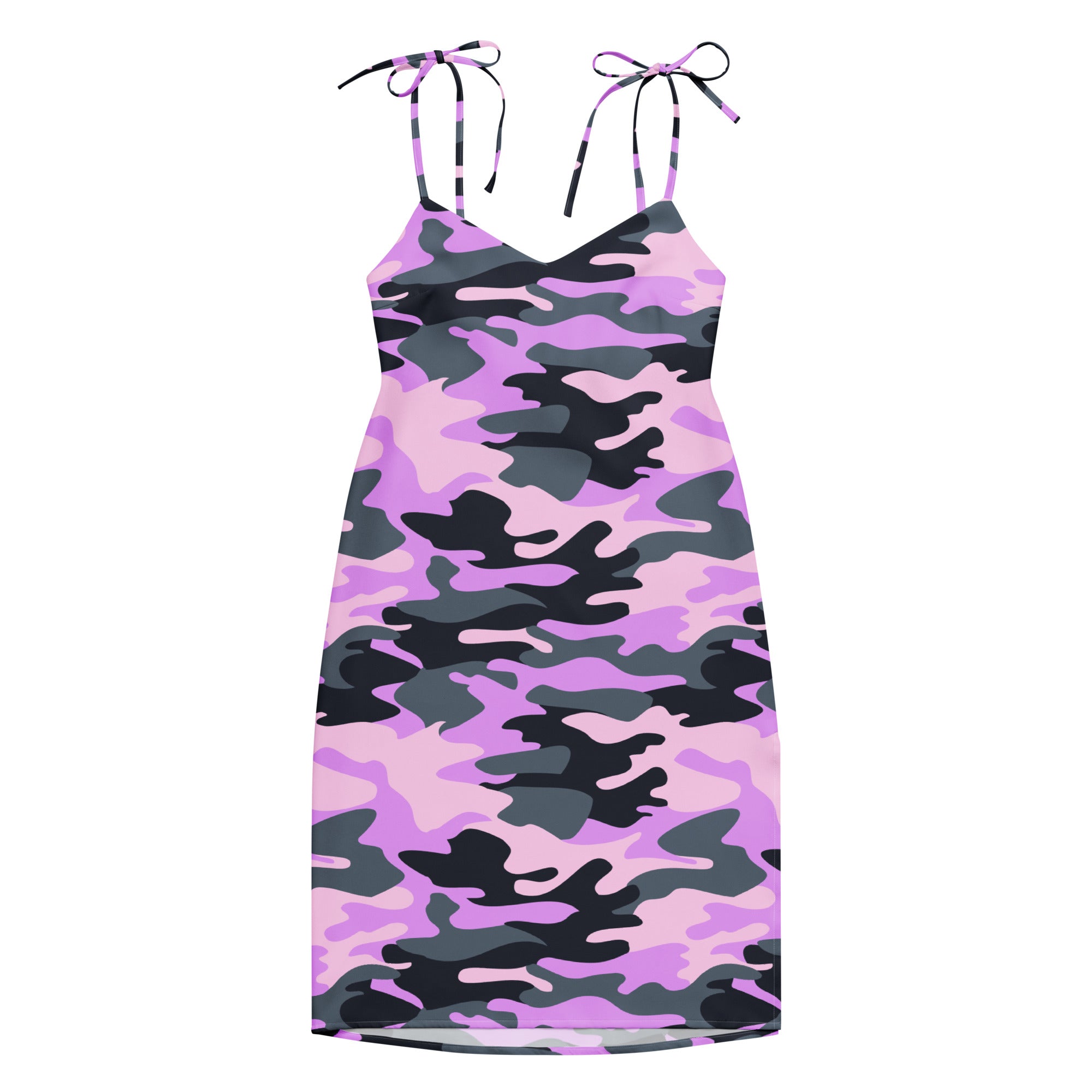 Women’s purple camouflage slip dress with pink and black pattern midi length adjustable tie shoulder straps